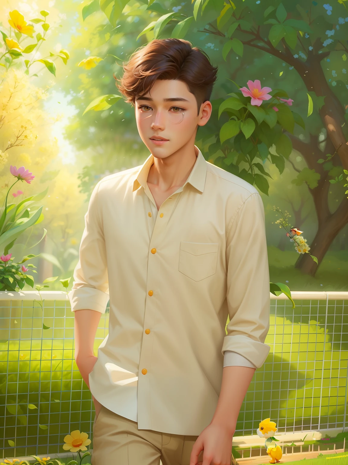 There is a handsome boy walking in a flower field, lovely digital painting, childrens art in artstation, adorable digital art, boy walking in a flower field, Cute detailed digital art, Guviz-style artwork, by Yang J, Realistic handsome boy painting, By Leng Mei, By Zeng Jing, By Li Song