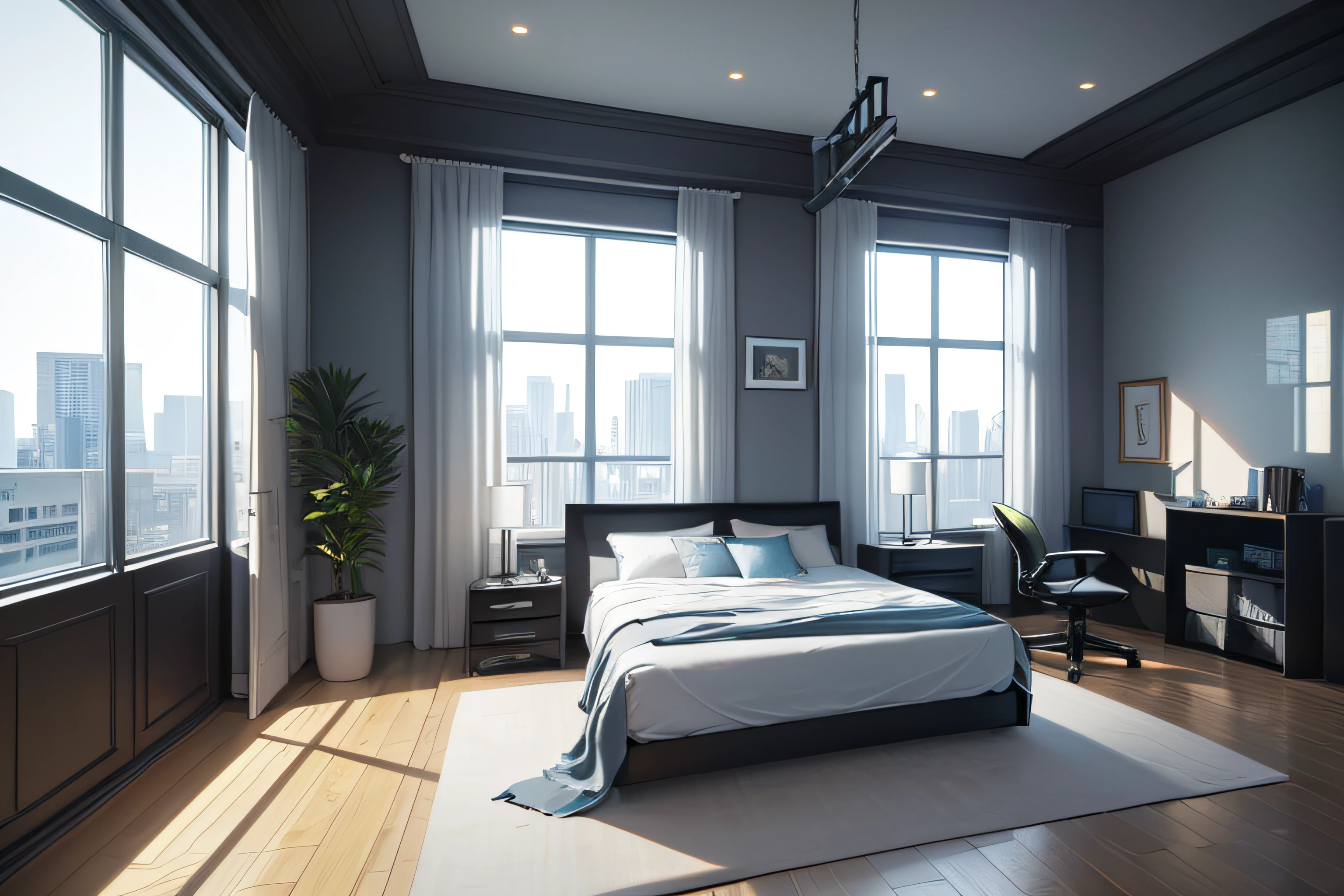 Interior design, minimalist room, gamer zone, streamer or gamer room, city forest view, (Masterpiece), (Advanced: 1.5), Top CG, Highest Quality, Right Proportions, Perfect Composition, High Quality Detail, Perfect Detail, (Super Detailed CG: 1.2), (8K: 1.2), Realistic, Octane Rendering,