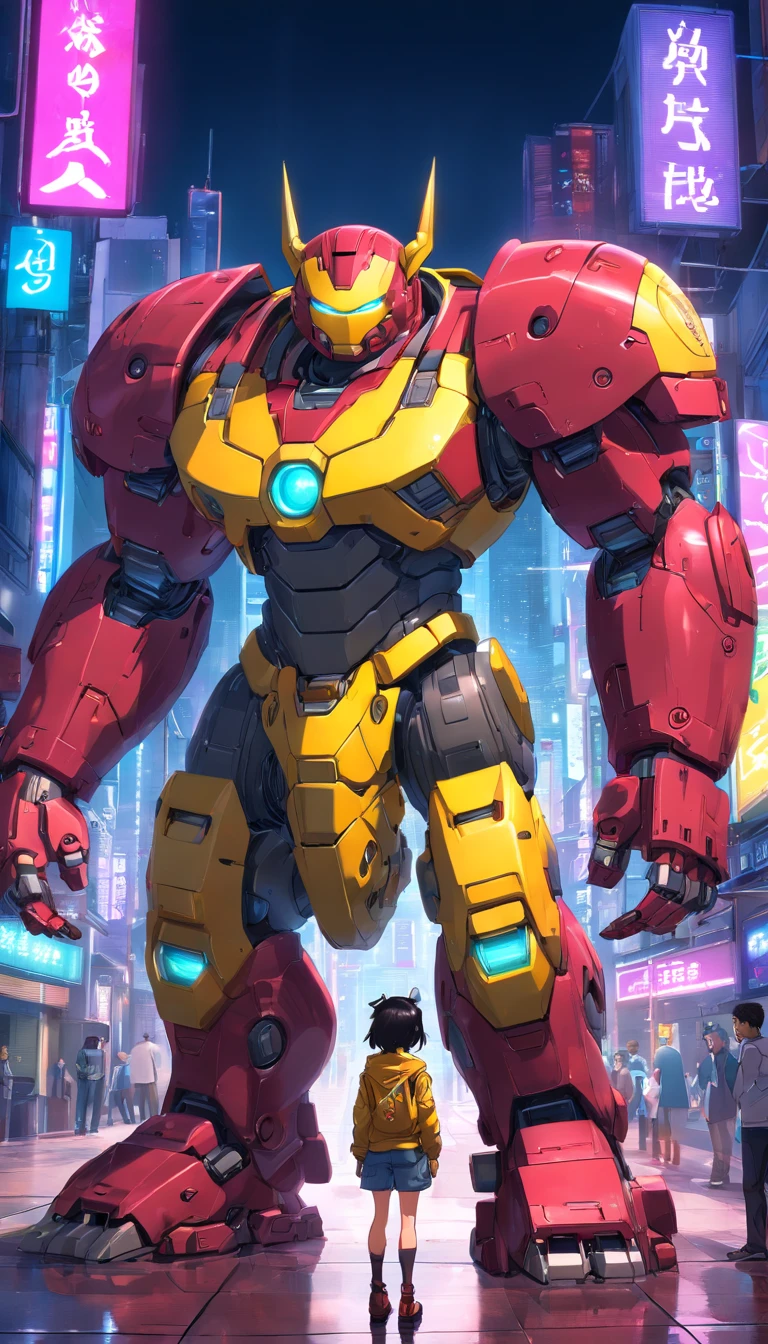 Gato Meca gigante inspirado na hulkbuster, (estilo de brinquedo da caixa cega:1.2), (tiro de corpo inteiro) , 1 Menino Transparente,Behind him is a cute transparent robot cat, Mech transparente, Capacete requintado:1.2, Glasses:1.2, Cyberpunk, brilho sonhador, luminous neon lights, limpo, fundo branco, ( global ilumination, Traching de raias, HDR, unreal render,Reasonable design, alto detalhe, master part, best quality, hiper HD, Cinematic lighting)