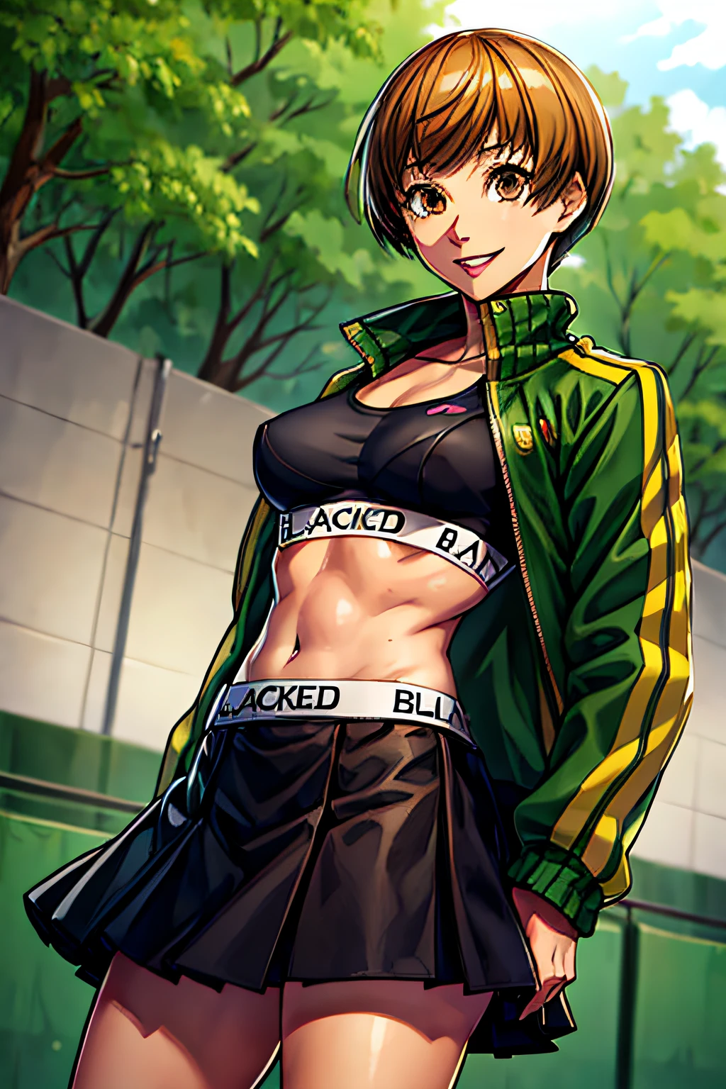 masterpiece, best quality, absurdres, perfect antomy, Satonaka Chie, brown eyes, cowboy shot, standing, green jacket, black skirt, track jacket, outdoors, smile, open jacket, sports bra, bra