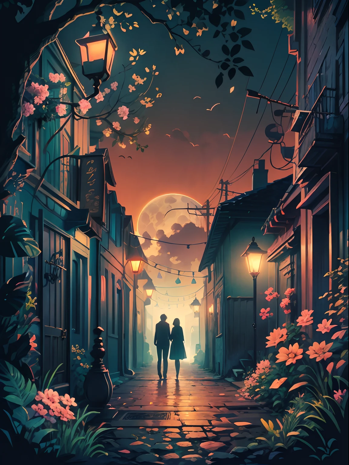 High quality design vector style image,graphic art black background of a romantic couple art style, bright and realistic colors, style love is in the air, fantasy style scenery digital art, alley, lamps, (anime style), cold colors, nature and plants, moonlight