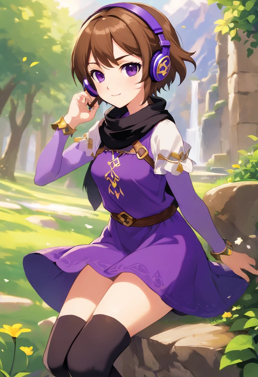 short brown hair and Brown eyes and purple headphones short purple dress and purple kneeboots and black scarf and black tights and purple jewele anime girl