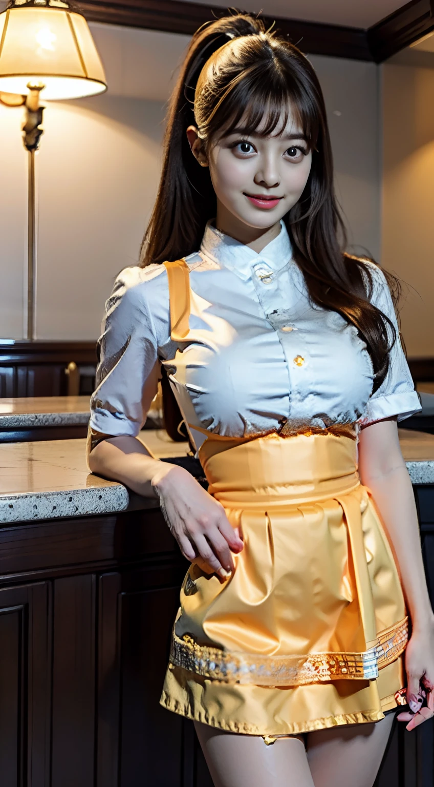 Real Images、rialistic photo、Top image quality、Anna Miller's Waitress Uniform、Bright ponytail、Poses in motion、Pose so that white panties are visible、yelow、poneyTail、Ultra mini skirt、beautiful thigh、beautiful smiling face、A sexy、Alafed woman in apron standing in front of a table in a restaurant, ( woman samurai ) girl, wearing rr diner uniform, tzuyu from twice, inspired by Kim Jeong-hui, fanart, Girl with white waist apron, japanese maid cafe, hanbok apron, femele, girl wearing school uniform
