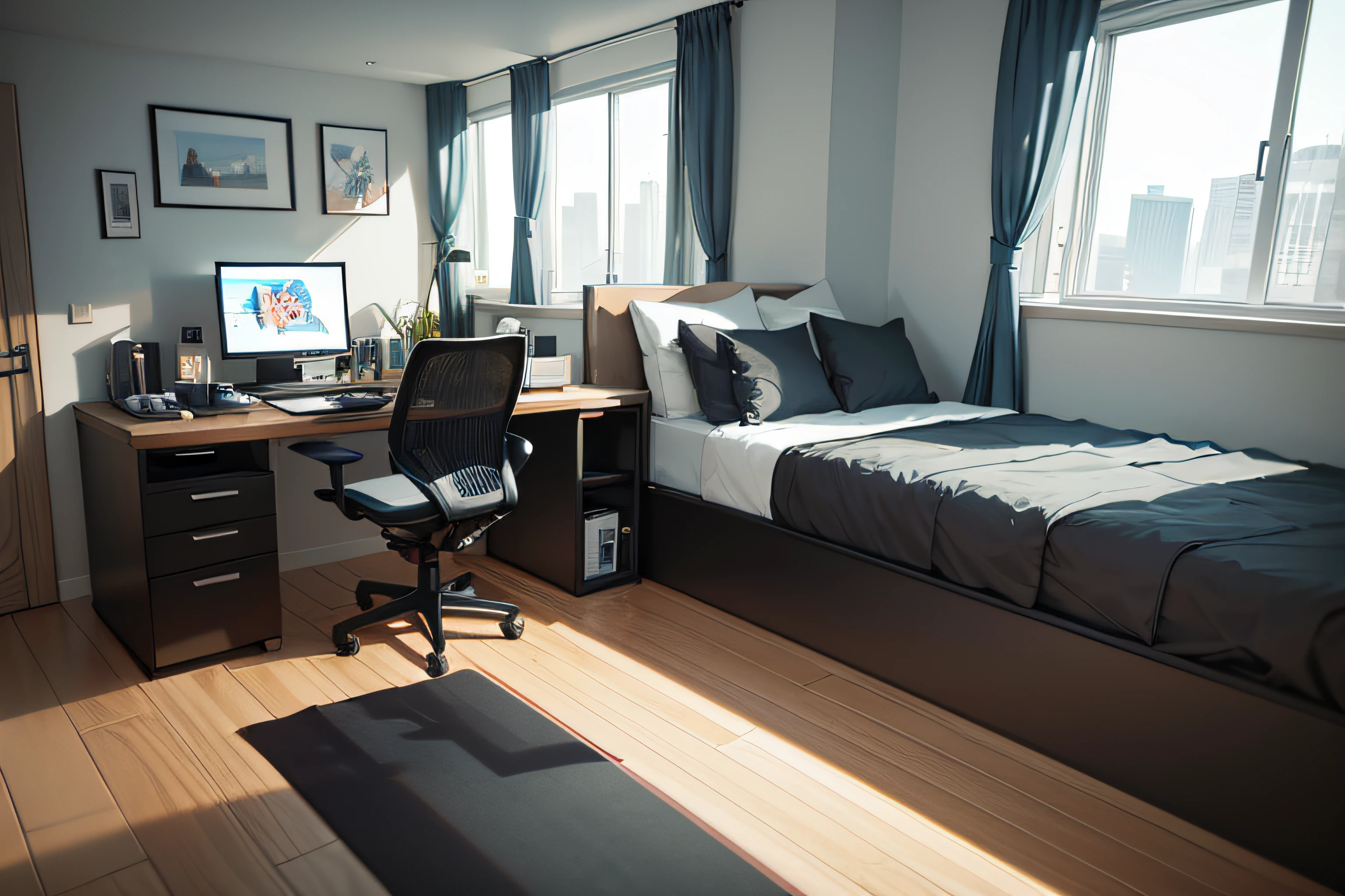 Interior design, minimalist room, gamer zone, streamer or gamer room, city forest view, (Masterpiece), (Advanced: 1.5), Top CG, Highest Quality, Right Proportions, Perfect Composition, High Quality Detail, Perfect Detail, (Super Detailed CG: 1.2), (8K: 1.2), Realistic, Octane Rendering,