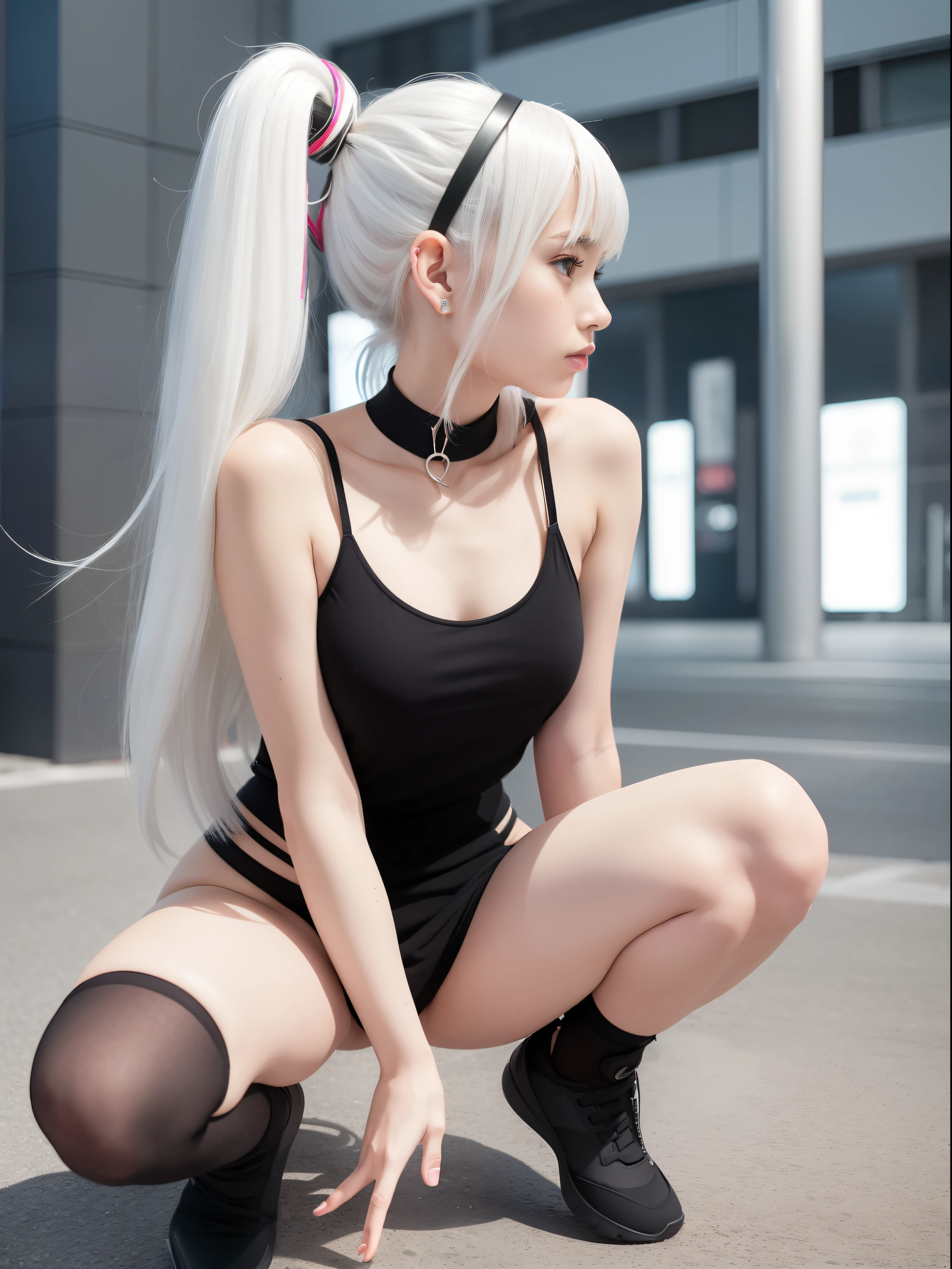 White-only base, Black and gray(Futuristic Nordic city),20 years girl,masutepiece , Best Quality,The best illustrations(Soft texture),Nahida(GenshinImpact) ,very slender body,tiny chest,Skinny Legs,Long hair ,Side Ponytail, Hair Ornament ,Street,White hair , White hair , hand behind head:1.5,multicolored hair, elf ,Skinny Legs,smil,Tsundere,crouching down,