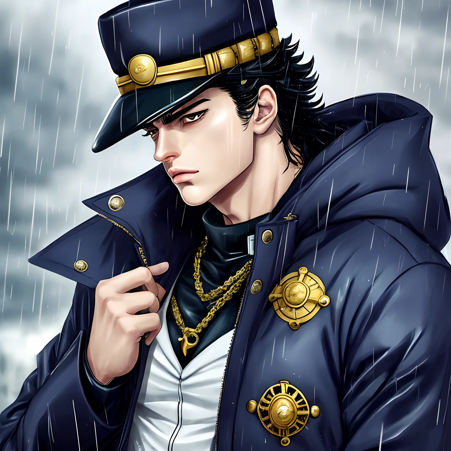 Jotaro kujo, lean, puffer coat, raining, sad,