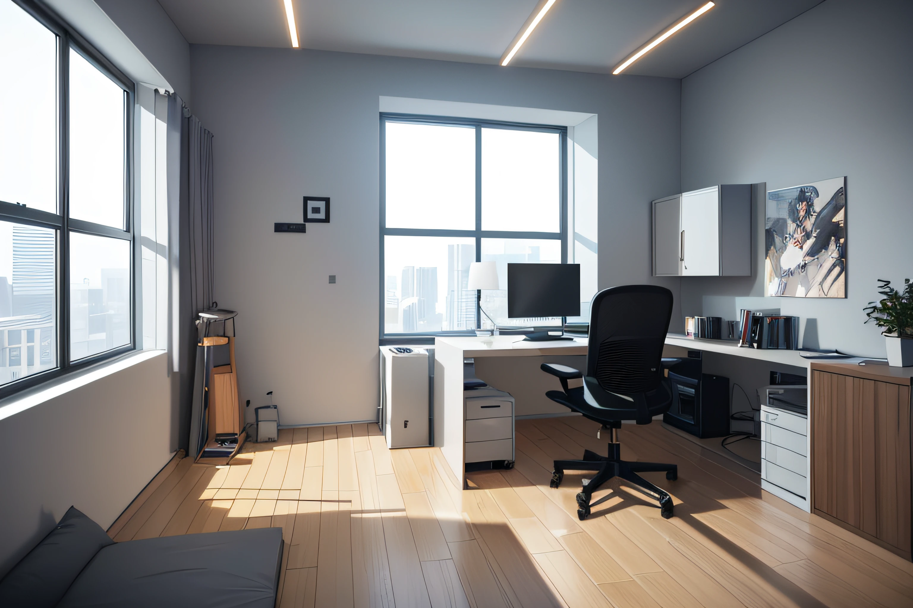 Interior design, minimalist room, gamer zone, streamer or gamer room, city forest view, (Masterpiece), (Advanced: 1.5), Top CG, Highest Quality, Right Proportions, Perfect Composition, High Quality Detail, Perfect Detail, (Super Detailed CG: 1.2), (8K: 1.2), Realistic, Octane Rendering,