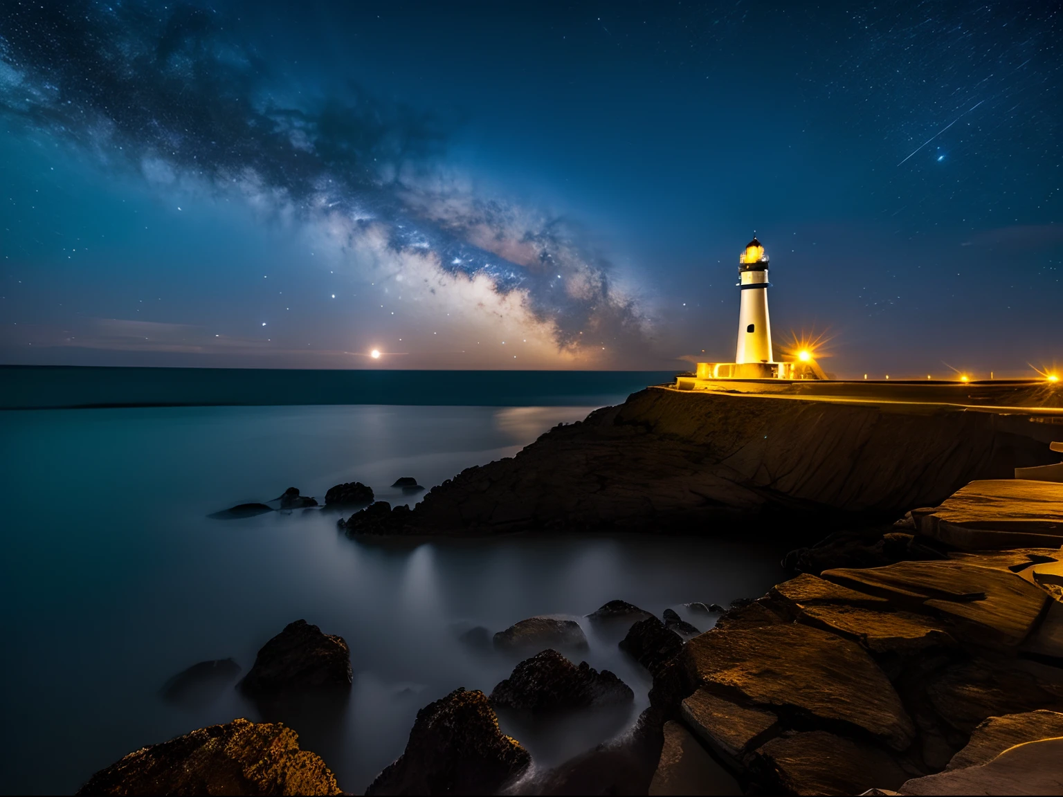 Night photography, a beautiful cliff with a lighthouse , with an unusual sky view, a full moon and the milky way, reflections