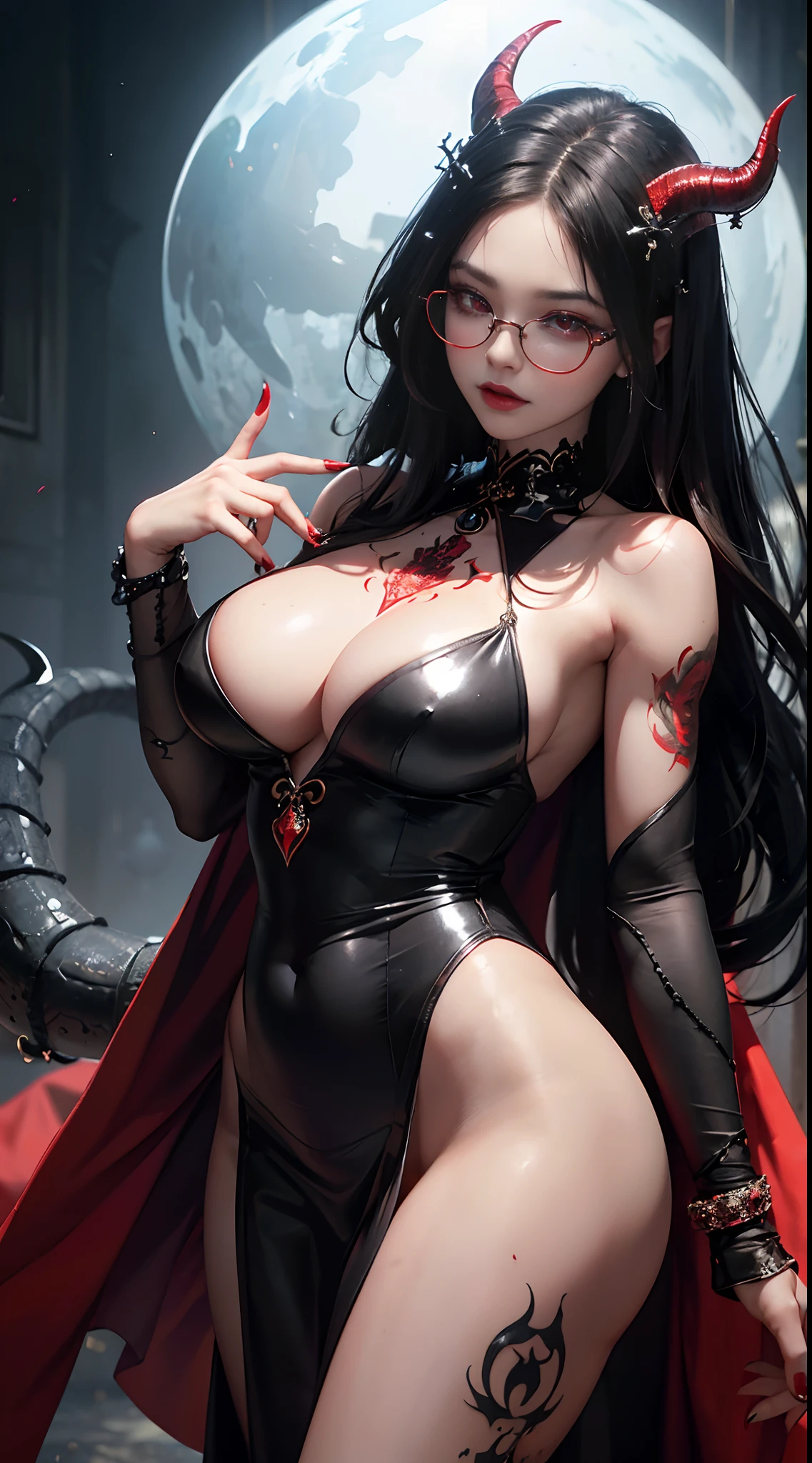 Fine、(The best illustrations)、8k UHD resolution、intricate-detail、top-quality、realisitic、ultra-detailliert、The best lighting、Best Shadows、Soft lighting、Ulutra HD、1 beautiful devil woman from hell, surreal female portraits by David Hockney and Alphonse Mucha, Fantasy Art, Chinese Doll、Dungeon and Dragon、Devil's Palace、Devil's Torture Chamber、magia、 A Necromancer、natta、Dark style、Succubus、Devil's Daughter、Bat Wings，(((Demon Horns)))、((((black-rimmed round glasses))))、(((Colossal tits)))、(Devil's Tail)、(red eyes glowing:1.6)、 intricate tattoos, demonic intricate tattoos, thigh tattoos, body tattoos, ​masterpiece、beautiful countenance、a 、Muscular seductive body、The enchanting body of the devil、Seductive Black Magic Costume、A shiny red snake is wrapped around her hand、Tindall Effect、photos realistic、(High Detail Skins:1.2)、 (Intricate details, makeup, pureerosface_v1:0.5), (Detailed beautiful delicate face, Detailed beautiful delicate eyes, A perfectly proportioned face, High detailed skin, Detailed skin, best ratio four finger and one thumb, arms below breasts, Tattoo with a red glow under the stomach、Awesome awesome, wide hips, smooth midriff, skiny and thin, __Fashion__, __hair__:1.25)、Digital SLR、hightquality、a picture、hight resolution、 absurderes、Ponytail distortion、女の子1人、Red sparkling gemstone necklace、jewely、Beautiful expression、Body Up、Large breasts emphasis、Toned waist、Wide buttocks、Devil's Tail、intricate tattoos, demonic intricate tattoos, thigh tattoos, body tattoos, effect、Photorealsitic、(High Detail Skins:1.2)、In the Dark, lowkey, cowboy lens, (Black Phoenix Dress: 1.0), Seductive Black Magic Costume、Long hair, Black hair, Bust, Devil's Palace, devil crown, red eyes make up very sharp and detailed, The most beautiful face, Super tight breasts, Breast augmentation surgery, The breasts are very big and round and round, Black magic costume、Super realistic , Charming smile,a baby face、 The eyes are very well made up, ((Red Eye:1.0)), guweiz, devil style,Muscular seducti