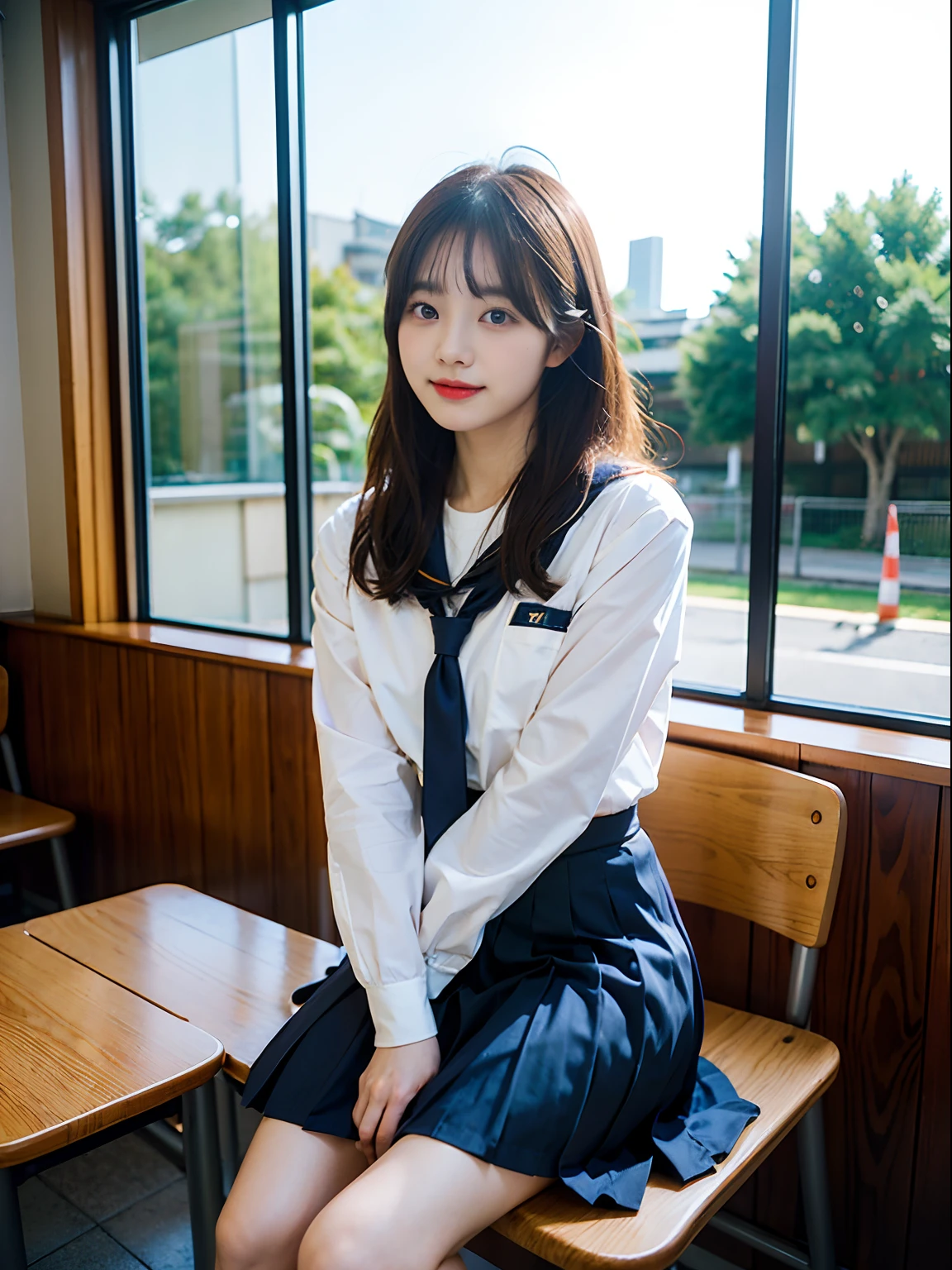 Woman in arafly clothes sitting on chair in school uniform, Korean Girl, jaeyeon nam, captured on canon eos r 6, Sailor Uniform, Cute Schoolgirl, a hyperrealistic schoolgirl, taken with canon 5d mk4, a hyperrealistic schoolgirl, girl wearing school uniform, wearing japanese school uniform, sakimichan, young 17 years old