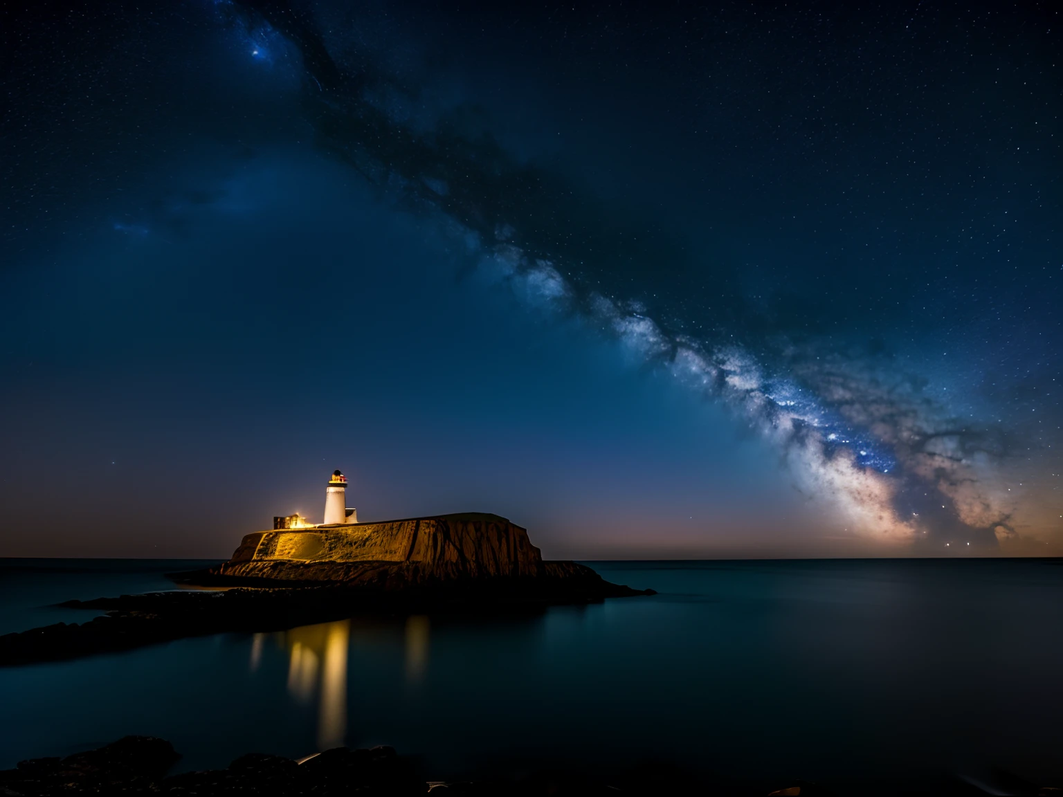 Night photography, a beautiful cliff with a lighthouse , with an unusual sky view, a full moon and the milky way, reflections