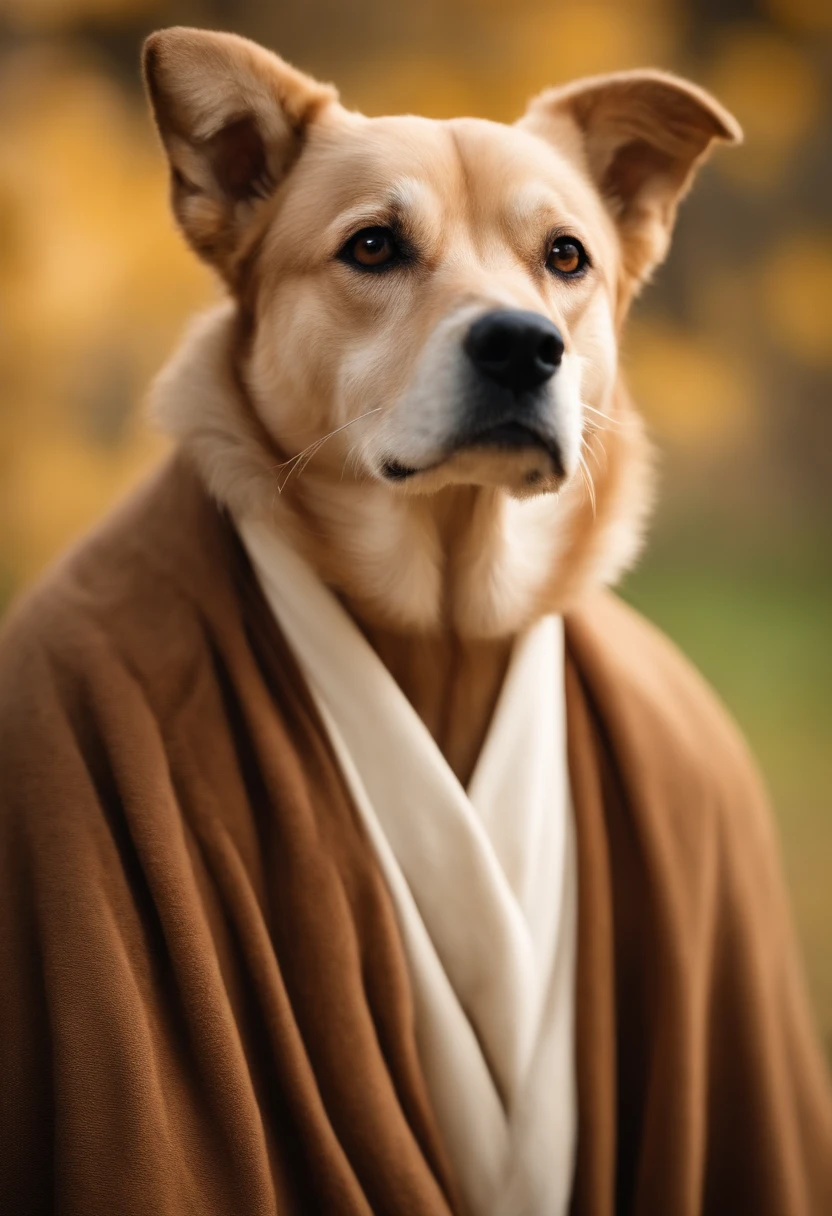 An anthropomorphic dog with a soft, beige coat. Tiene ojos grandes y expresivos, Warm brown, that convey wisdom and goodness. His face is adorned with a small white beard, que le da un aspecto venerable. Furthermore, He wears a long, loose-fitting robe, de color blanco, que le otorga un aire de santidad y pureza