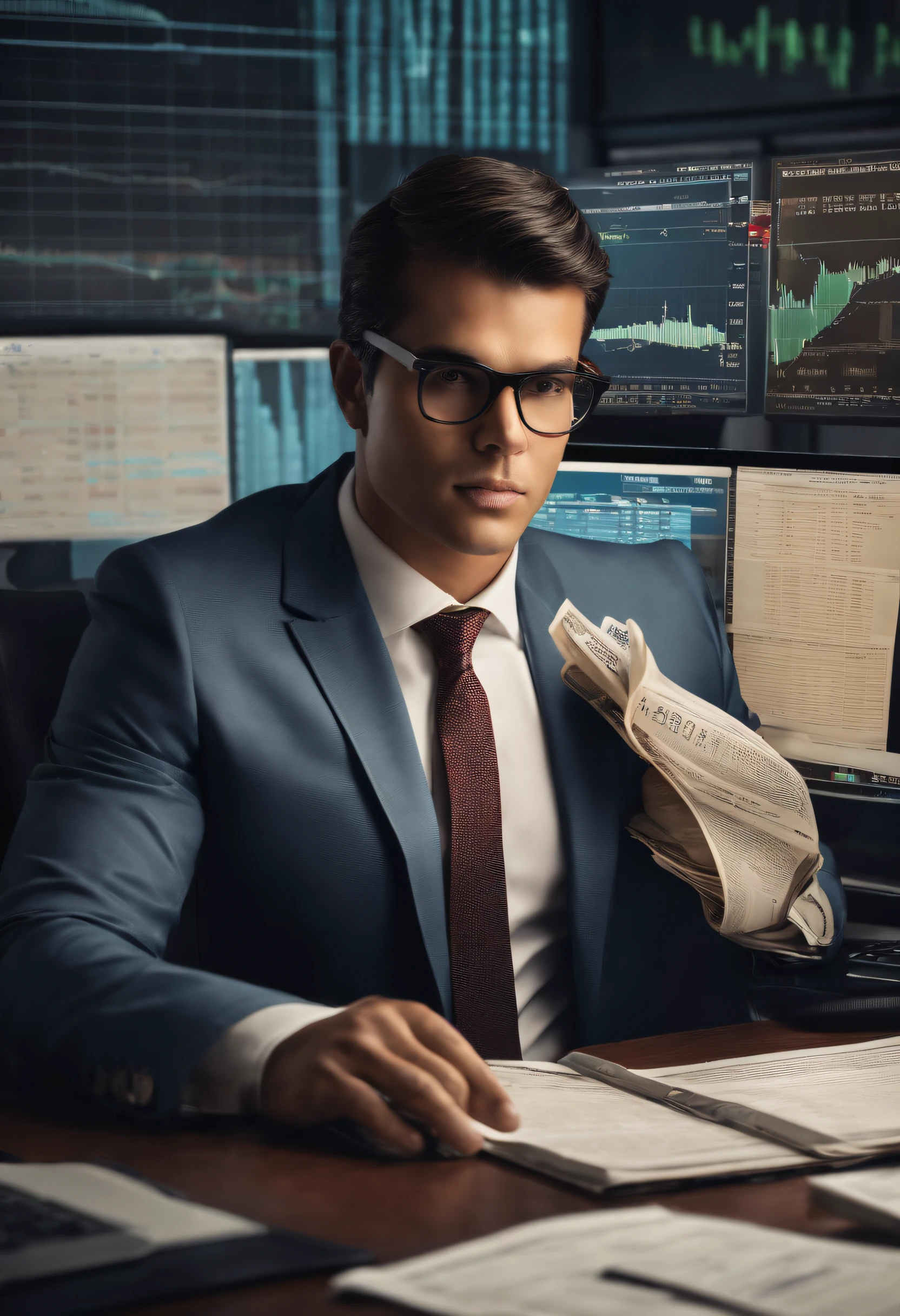 Imagine um guaxinim utilizando um terno elegante, with a tie and holding a financial newspaper in his hands. He's sitting in front of a computer, Tracking charts and numbers on a screen. His face expresses concentration and determination as he makes analysis and investment decisions. Ao seu redor, There may be symbols related to the financial market, such as stock charts or stock exchanges.