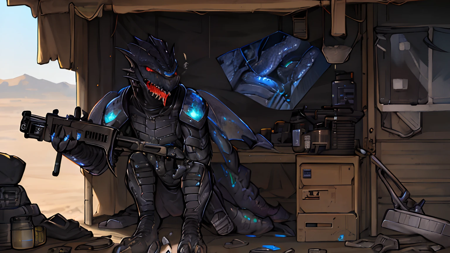 On a bed in cyberspace、Slender male cyber mech shark dragon suit screams while having sex doggy style, cum overflows from penis and anus