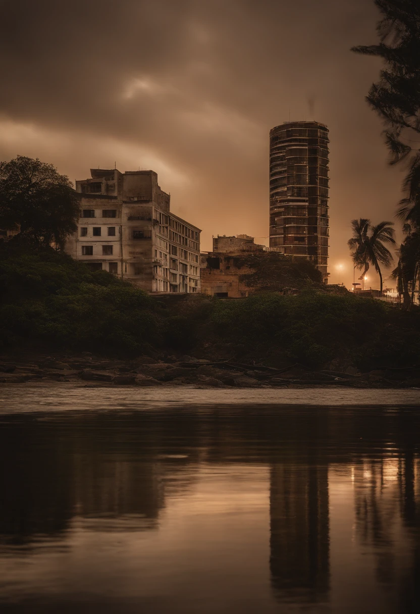 Maremotos,armagedom,Onda Grande,Ruin,The run-down city creates a cinematic cityscape,Um tsunami imponente atinge o horizonte da cidade. A lente deve capturar o poder absoluto e o poder destrutivo da onda, The building in the foreground is partially submerged, detritos voando, and the sense that disaster is imminent. Long Lens Camera Angle with EE 70mm Lens on Nikon D850, High Resolution Objective, Photorealistic rendering. Certifique-se de que a cena seja altamente detalhada, with HDR lighting, And convey a sense of urgency and confusion.