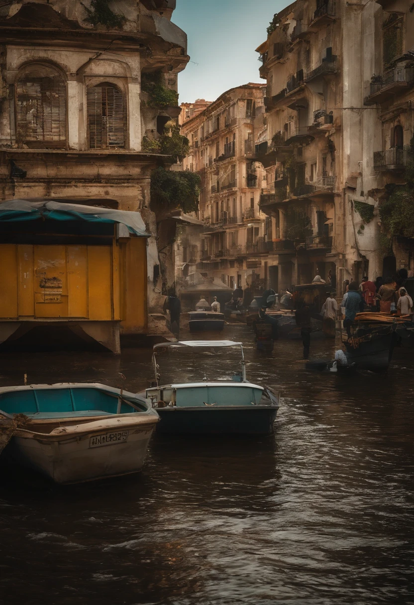 Maremotos,armagedom,Onda Grande,Ruin,The run-down city creates a cinematic cityscape,Um tsunami imponente atinge o horizonte da cidade. A lente deve capturar o poder absoluto e o poder destrutivo da onda, The building in the foreground is partially submerged, detritos voando, and the sense that disaster is imminent. Long Lens Camera Angle with EE 70mm Lens on Nikon D850, High Resolution Objective, Photorealistic rendering. Certifique-se de que a cena seja altamente detalhada, with HDR lighting, And convey a sense of urgency and confusion.