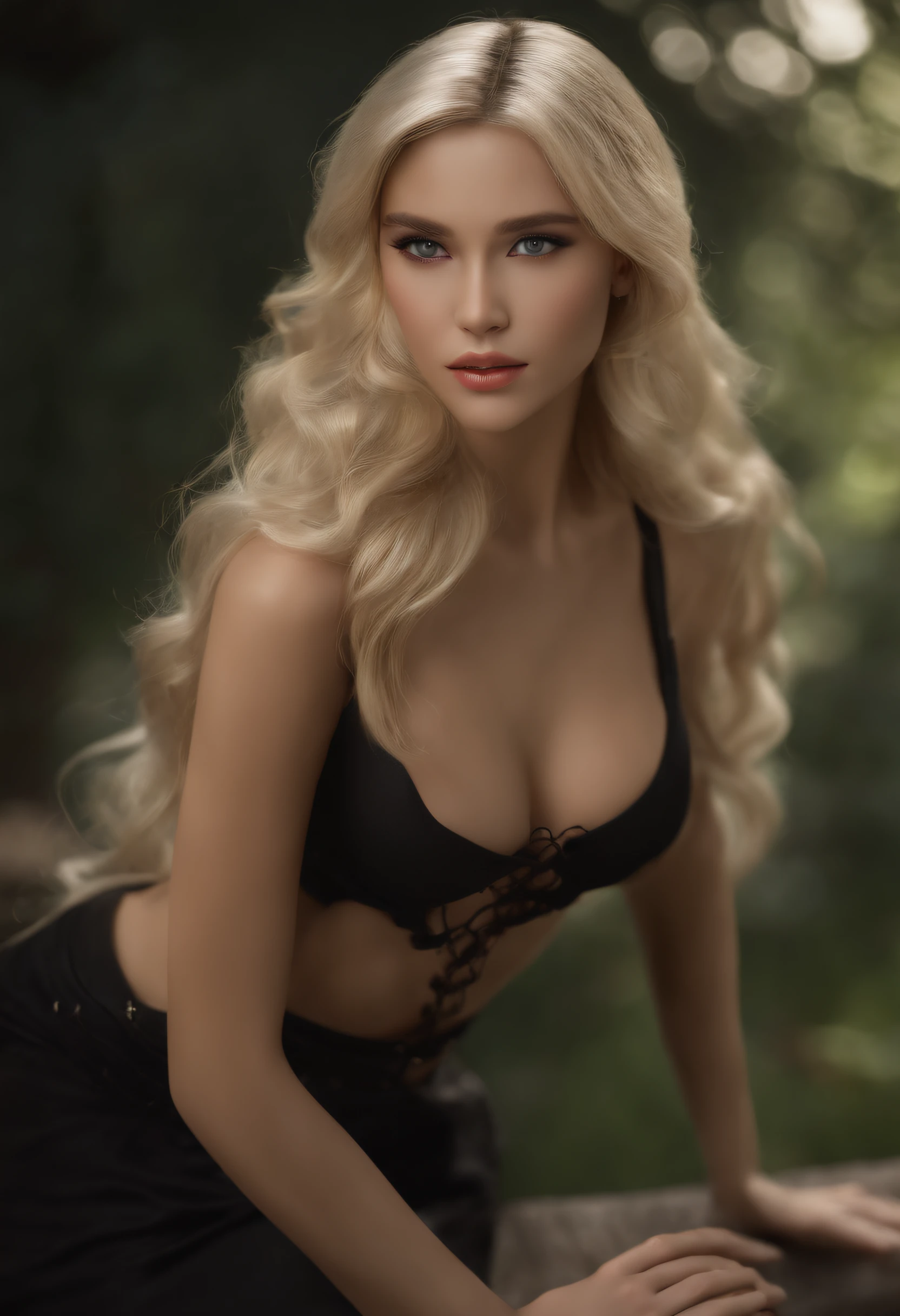 ((Best quality, 8k, Masterpiece: 1.3)), corps entier, Focus Clair: 1.2, Exceptional beauty: 1.4, slender abs: 1.2, ((Blonde, grand: 1.2)), Black tank top, very detailed face and skin texture, detailled eyes, 二重まぶた