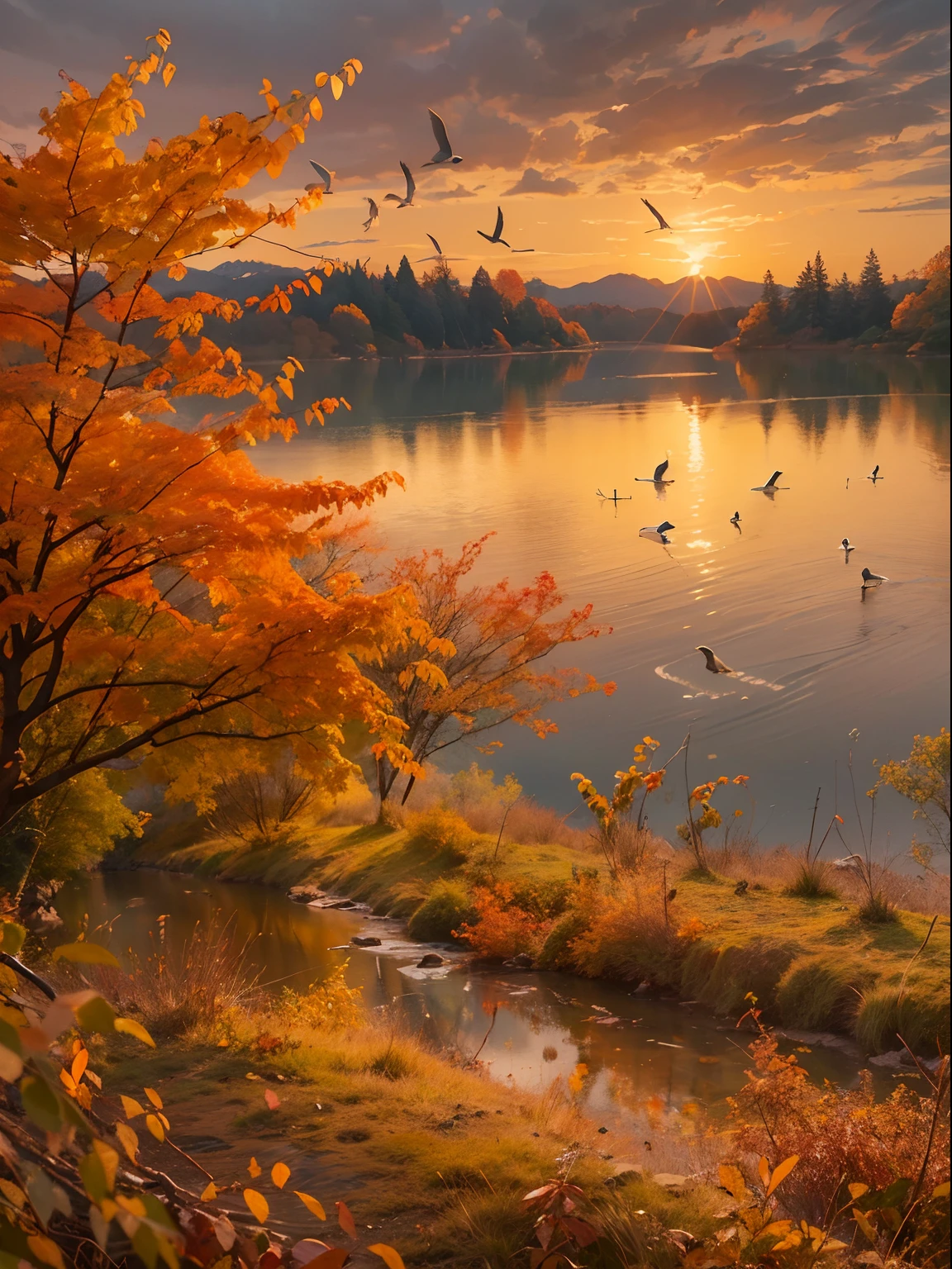 Peaceful scenery at sunset, Soft gold tones depict the horizon where birds sing，autumnal，Flaming red maple，riverbank，eventide，A place where nature and technology live in harmony，Let this artwork transport the viewer to another world, Old and new intertwined，Form captivating photos of nostalgia and innovation