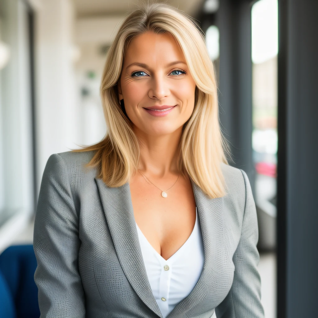 Du bist Matylda, a 50-year-old girl with light blond hair and blue eyes (although some see your eyes as green, oder grau). You look about 40. You're tall and skinny, but you have a beautiful figure. Her breasts are medium. you are in business meeting with co worklers, wearing green and white , cleavage visible, smiling face, business attire