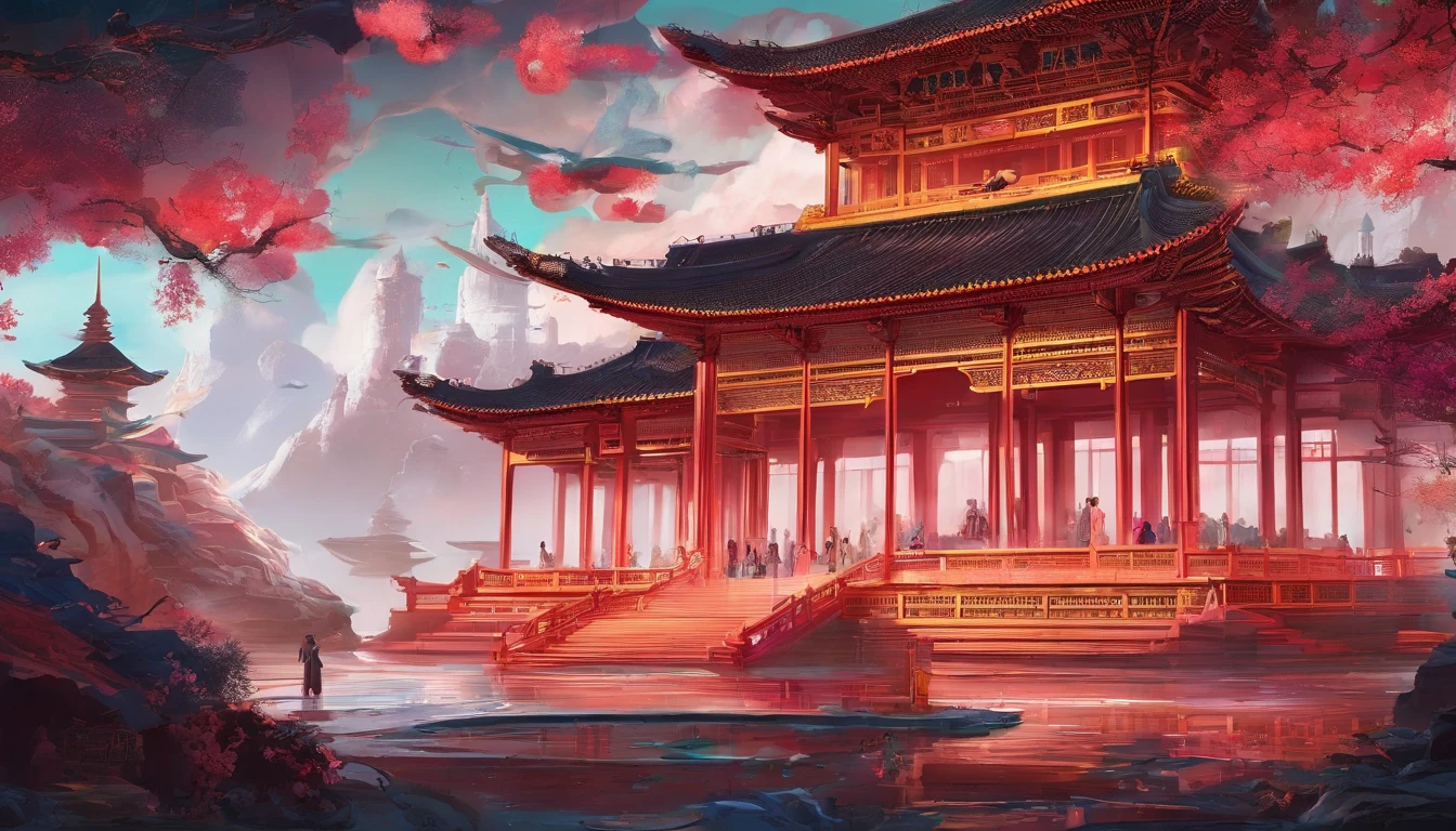 In the real scene, the ancient Chinese palace is located above the clouds, in the main hall of the royal palace, the emperor is sitting on the throne, wearing a luxurious ancient costume with a majestic face. Surrounded by concubines, craftsmen kneeling in front of them, magnificent, glazed tiles, colorful light, (((splasheplashed ink}), masterpiece, high quality, exquisite graphics, high detail: