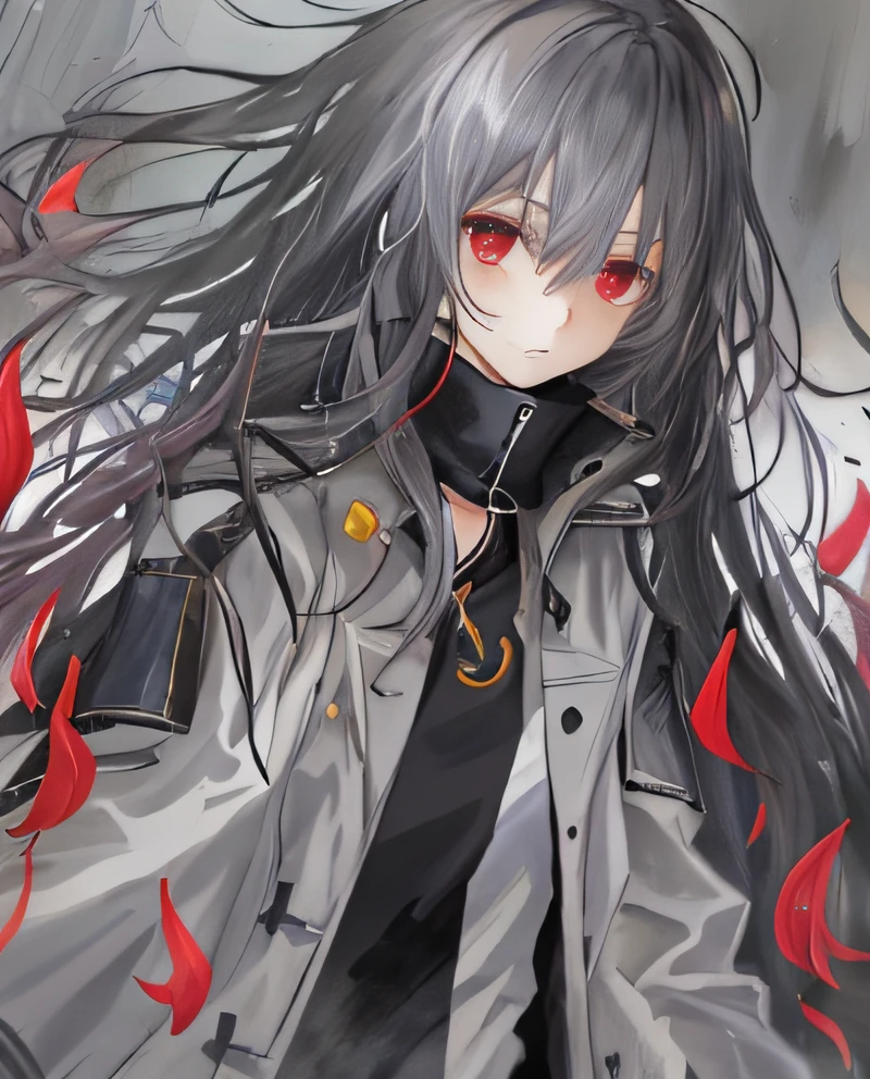Black Phoenix,Anime shoujo,(((solo person))),Skinny gel coat,Long black trench coat,Messy white hair,with a red eyes,Slightly helpless,amaryllis