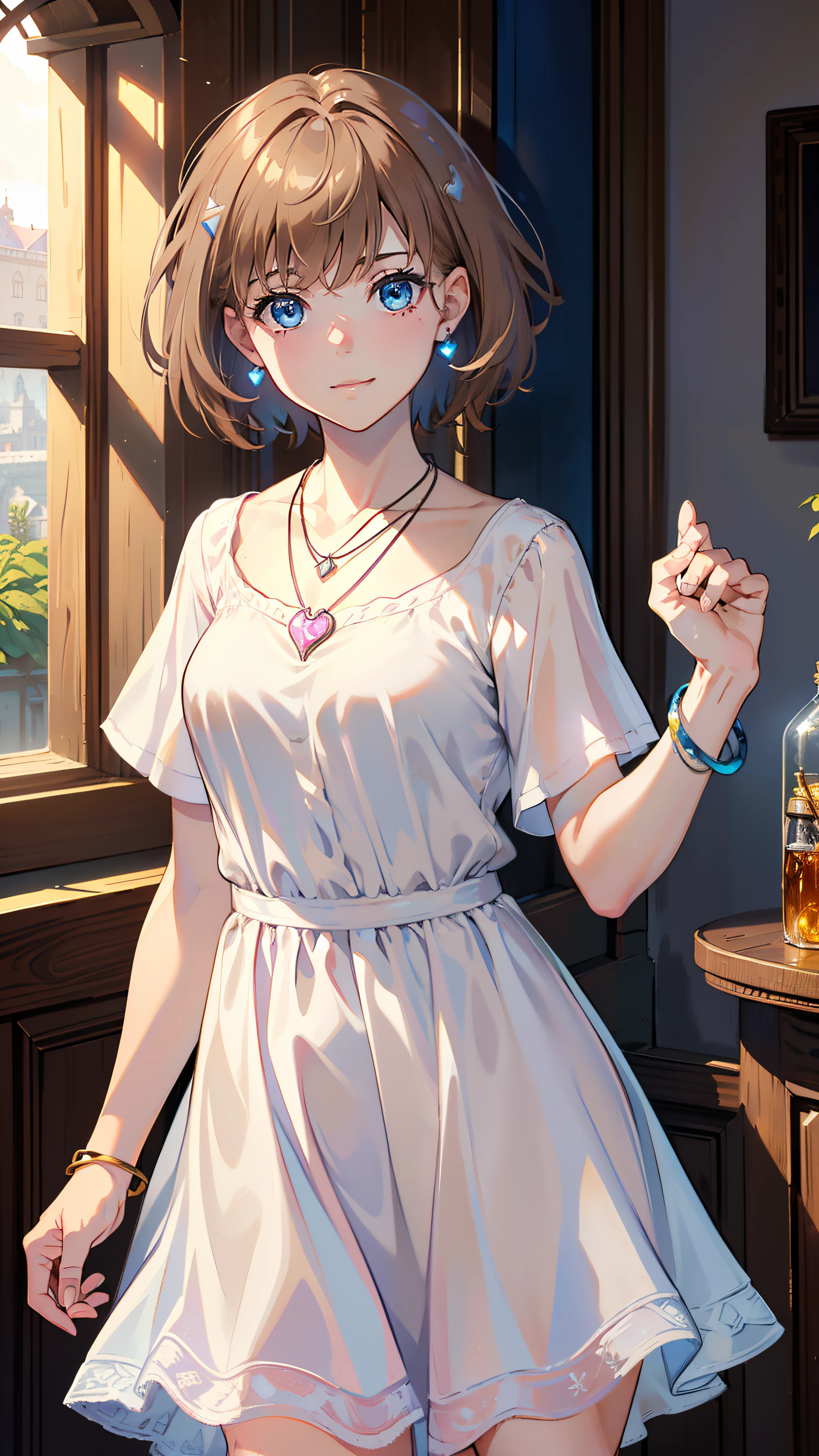 High resolution、real skin、big earrings、necklace、cowboy shot、Waiting for a hug、shy、embarrassed look、grin and laugh、Japanese style room、slender body、very small breasts、delicate body、clear eyes、Also々nice face、single eyelid、Pink hair eyelashes、beautiful eyes、beautiful eyes、Tight fitting clotheedium breasts、