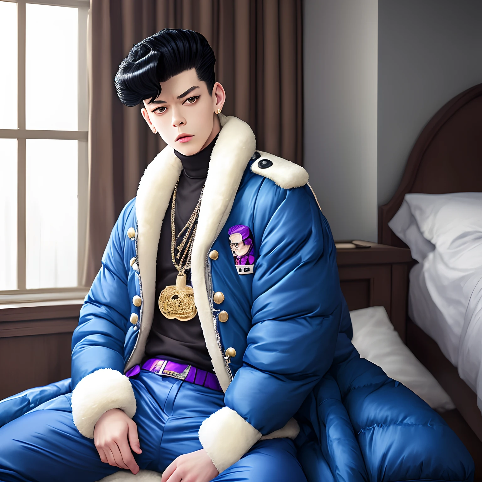 josuke higashikata, puffer coat, sitting, in room, sad, raining