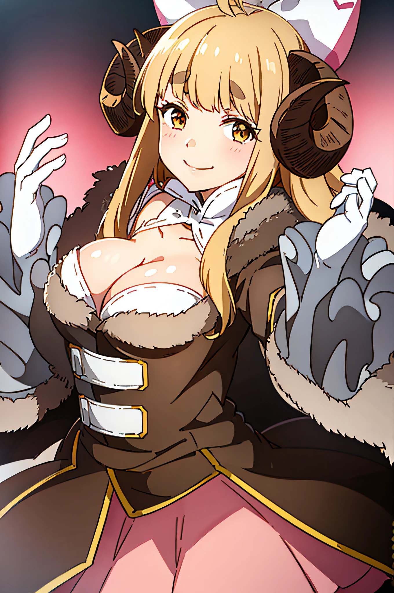 ANILAEV, FUR JACKET, CLEAVAGE, WHITE GLOVES, PINK SKIRT, HAIR BOW, 1girl, solo, upper body, facing viewer, looking at viewer, smile