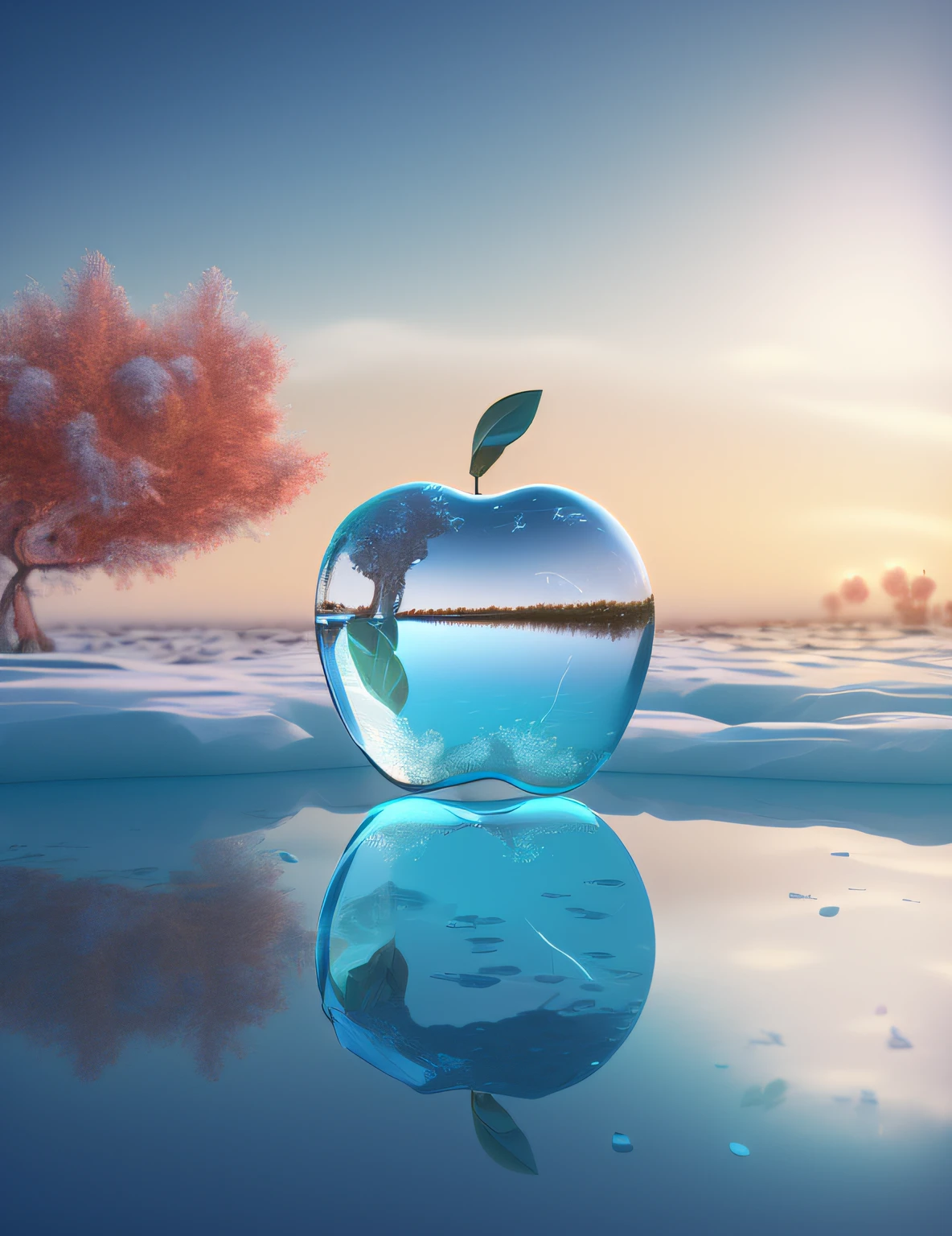 On the table was a glass apple，A tree in the background, 3 d render beeple, 3d render digital art, rendered in cinema 4 d, Rendered in Cinema4D, in the art style of filip hodas, 3 d artistic render, Jagged glass apple in the dark, rendered in keyshot, 3D digital art 4K