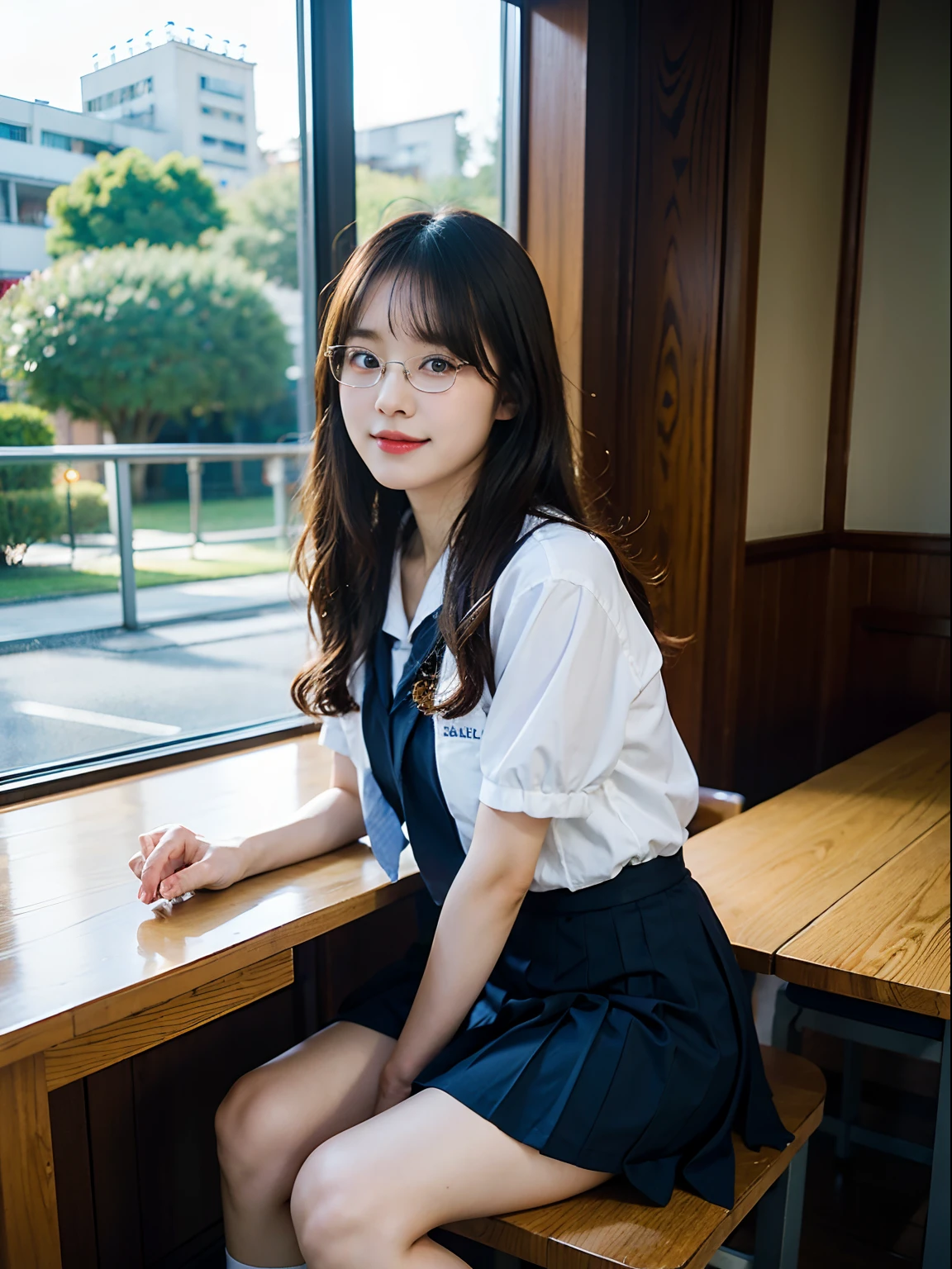 Woman in arafly clothes sitting on chair in school uniform, Korean Girl, jaeyeon nam, captured on canon eos r 6, Sailor Uniform, Cute Schoolgirl, a hyperrealistic schoolgirl, taken with canon 5d mk4, a hyperrealistic schoolgirl, girl wearing school uniform, wearing japanese school uniform, sakimichan, young ************、eye glasses