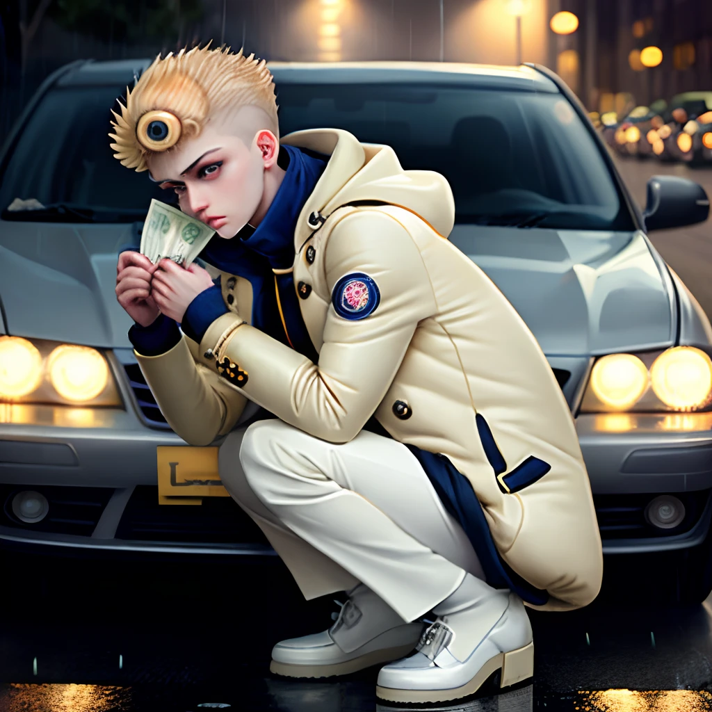 Giorno Giovanna, puffer coat, sad, raining, holding money, squatting on car