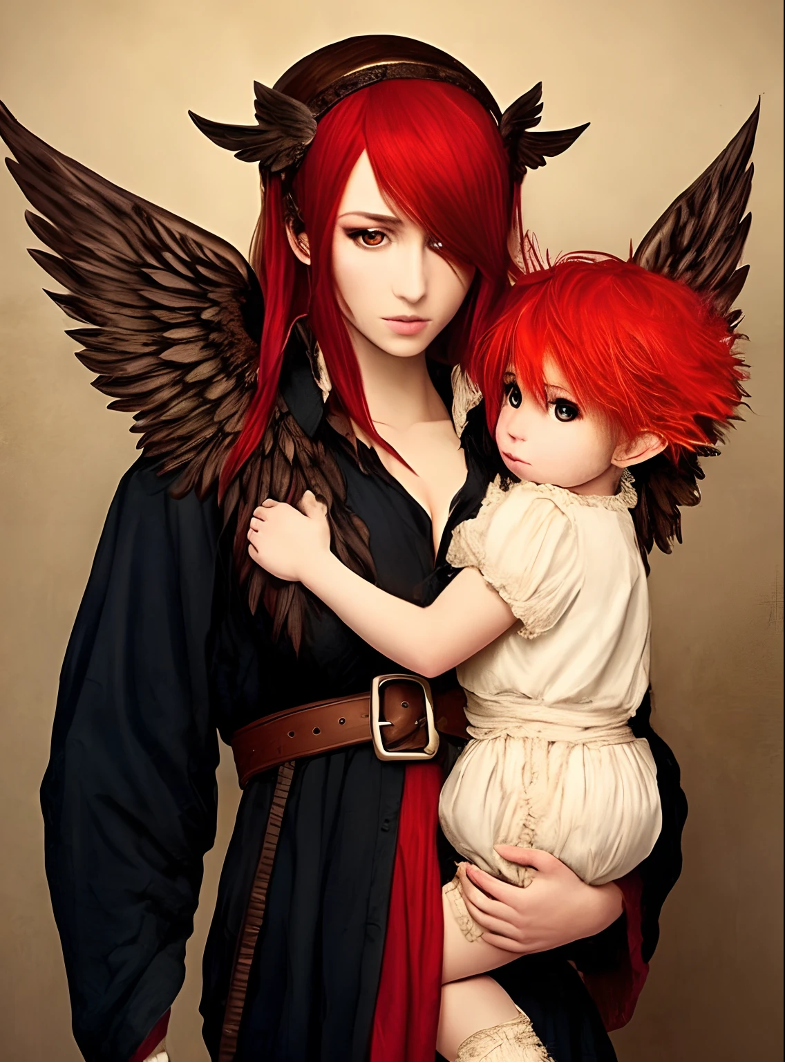 6 foot 6 inch female seraphim with fire red hair c cup breasts and pitch black wings holding a female Dwarf child and a male elf child in her arms