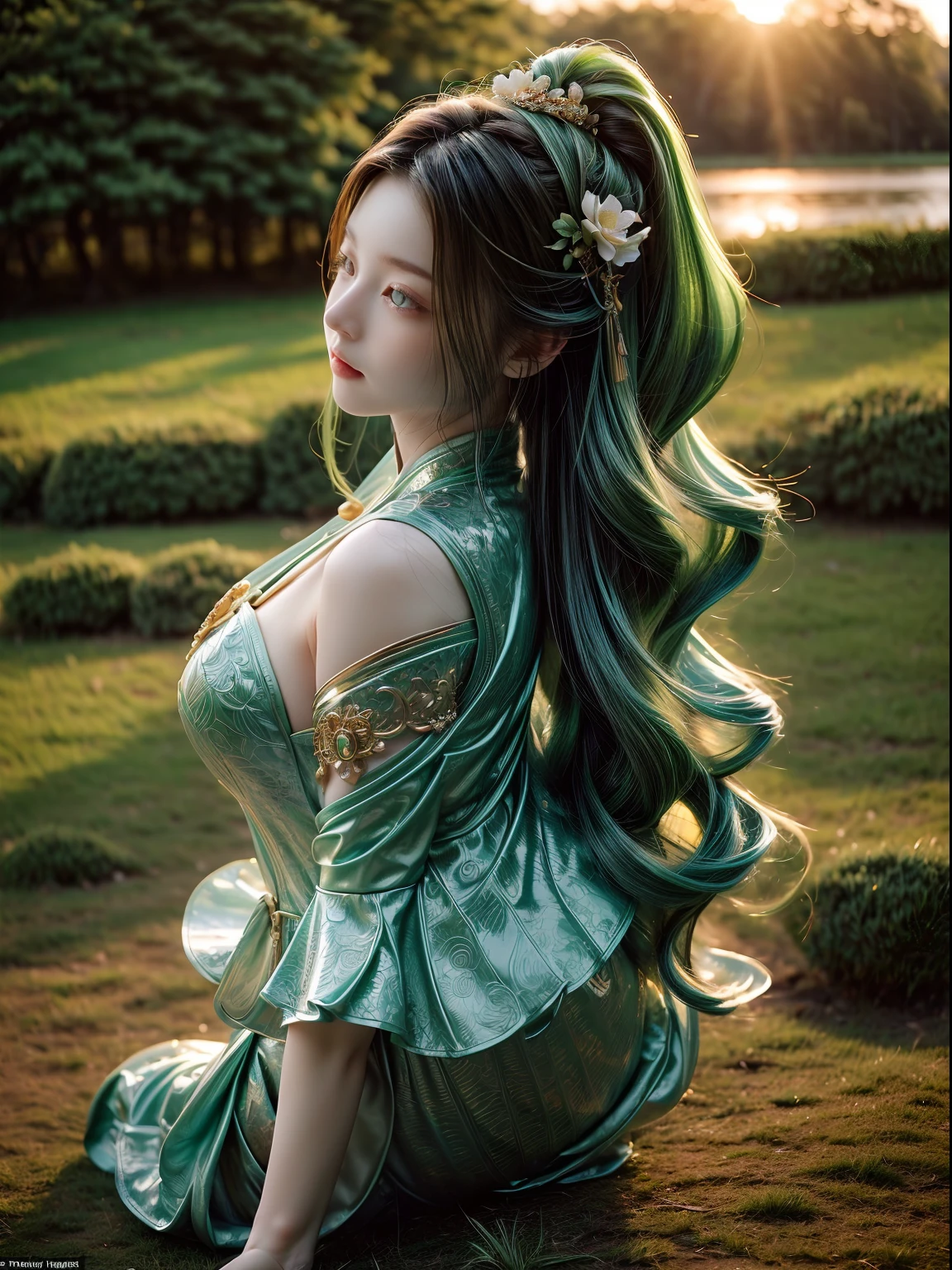 ((tmasterpiece:1.4, best qualtiy, Faraway view:1.4)), (ultra - detailed)+, (watercolor paiting:1.2), ((Cute 1girl, blossoms, Light cyan hair, long whitr hair, Aqua blue eyes, Large breasts, Nu mouth, scowling, anatomy correct, (grass green, China Goddess Fashion:1.3), Shoulders exposed, Side angle)), Autumn landscape, The leaves are yellow, maple trees, eventide, riverbank, lake reflection, The sky is full of color, Orange-red sunset, The afterglow diverges, Far Mountain, contours, Scenic beauty, (Warm light source:1.2), （Very detailed CG unification, 8k）, （The best picture quality）, (illustratio：1.0）、intricately details, Epic composition、Realistic lighting、high definition detail、(Beautiful wildlife and natural wonders, With glowing lights), satellite image, Ultra-Wide Angle, Textured skin