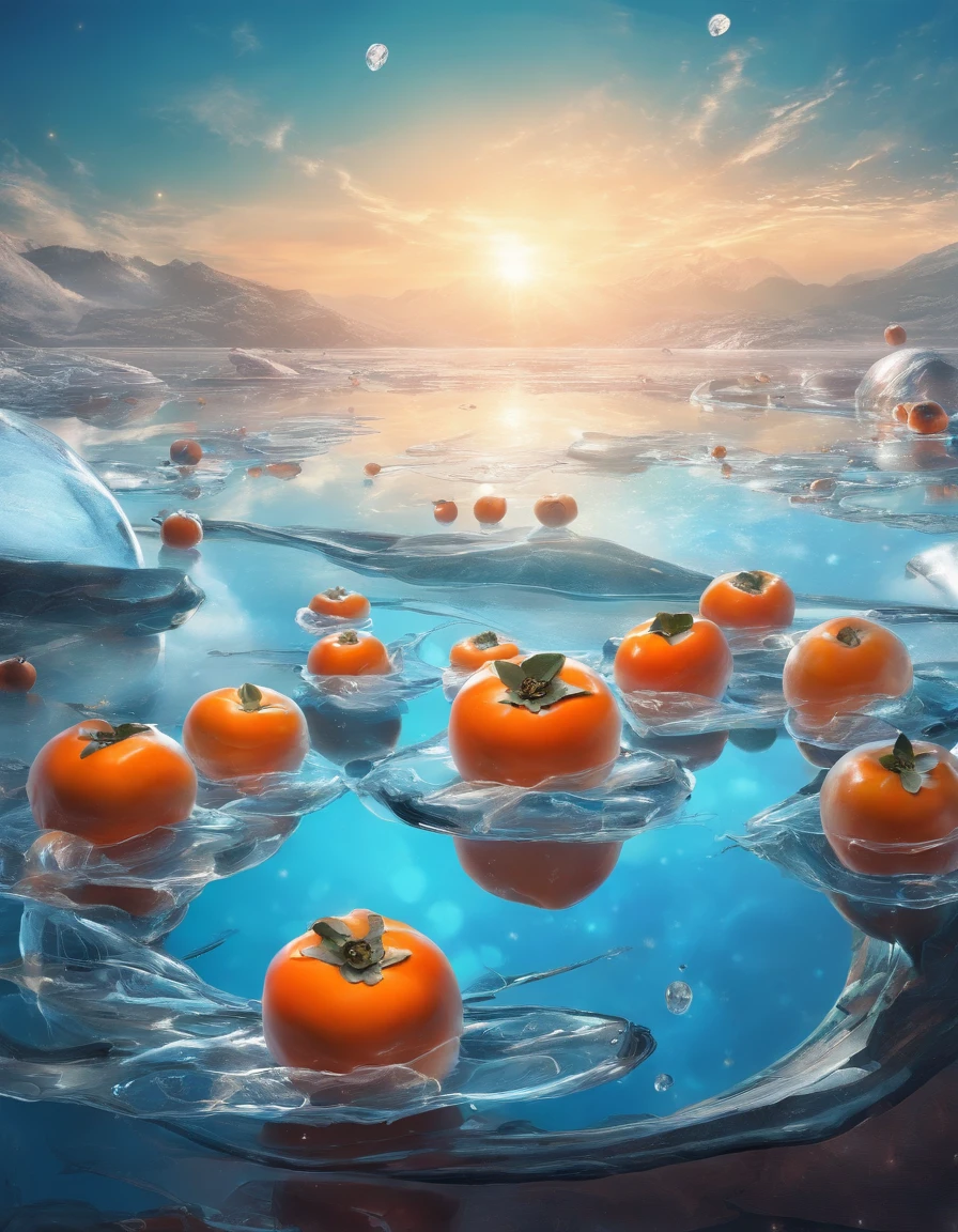 Glass-transparent persimmons float on the clear water, icecreen,Late autumn, Blue sky,