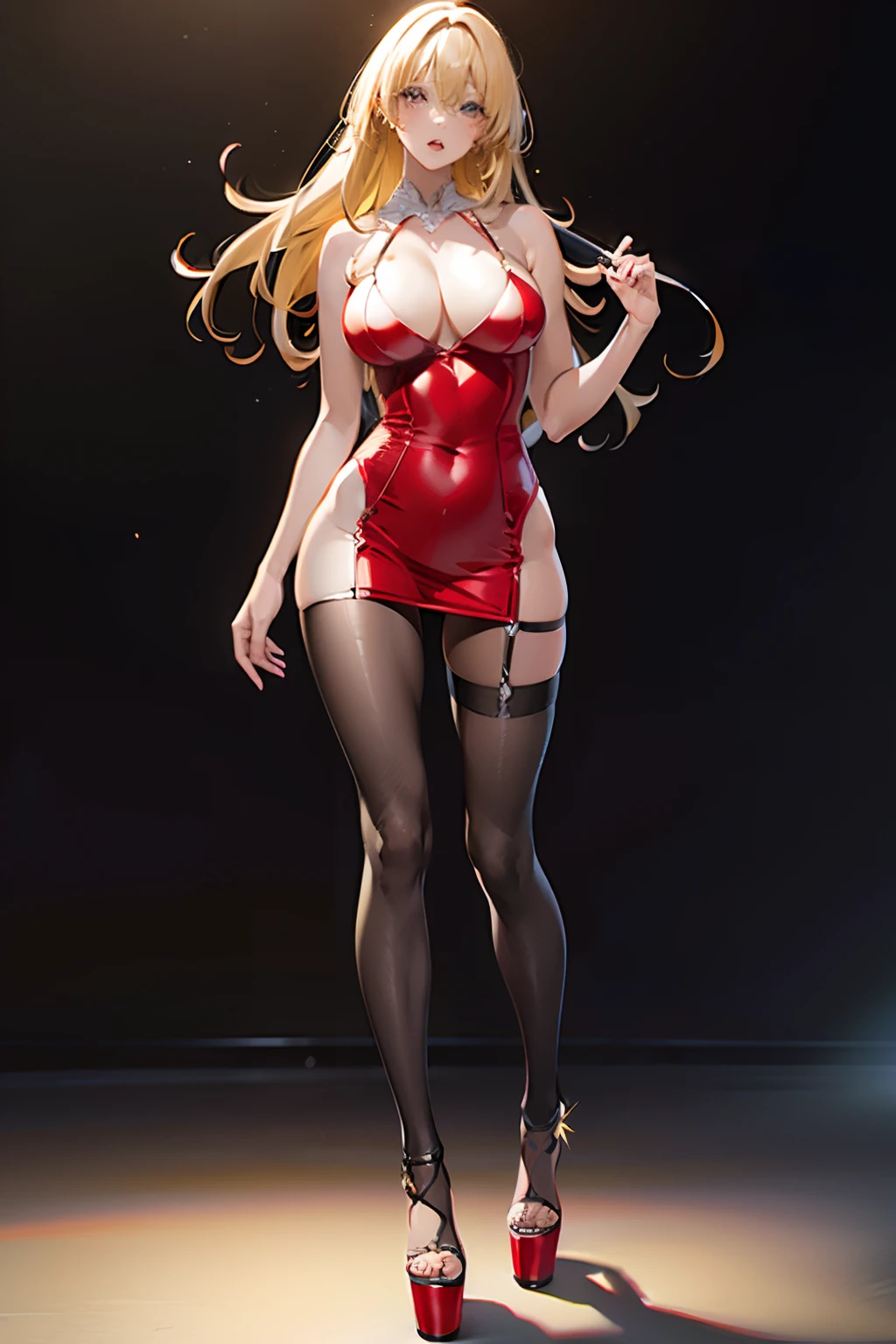 blonde hair woman wearing ankle strap platform high heels, while wearing pantyhose and short red tight dress, with big thighs and big bust, with small waist, super realistic and photo realistic, 85mm lens, full body, contrast with the light, (((extremely detailed))),((best quality)),((ultra detailed)),(an extremely delicate and beautiful),RAW photo,8k uhd,full body