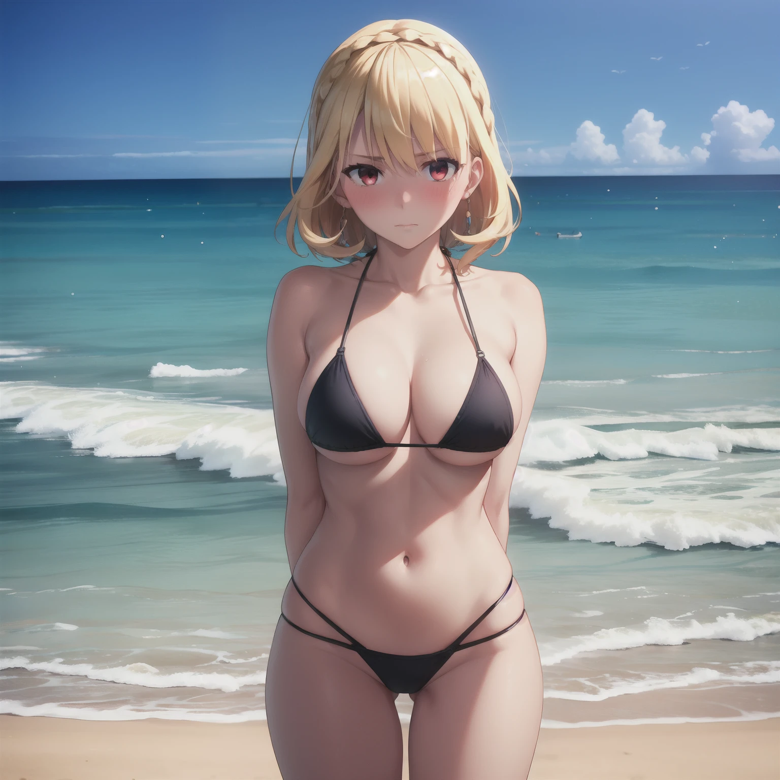 masterpiece, best quality, highres, blonde hair, red eyes, cowboy shot, standing, beach, Black micro bikini, embarrassed, blush, arms behind back