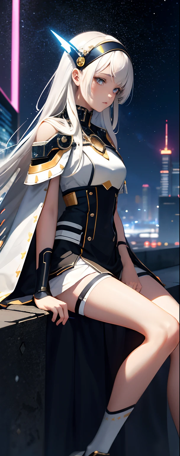 Masterpiece, Best quality, 4K, Mecha, Starry sky, sky, stars(sky), Cape, Headband, Slender legs, Long hair, White hair, Cyberpunk, Depth of field, Blurred background,