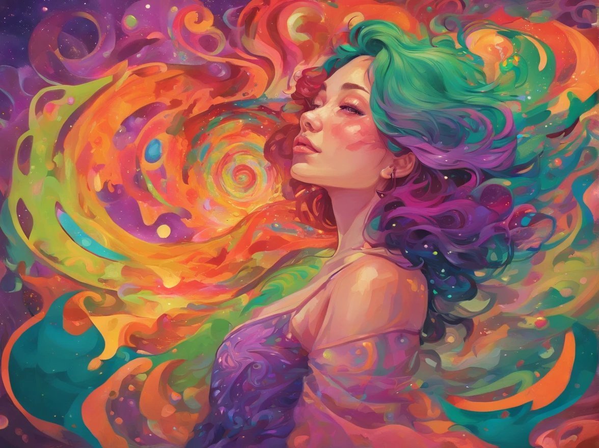 A masterpiece painting of a woman with vibrant purple hair, wearing a bright green neon shirt, standing inside a swirling black hole. In the background, a galaxy can be seen with stars and colorful nebulae. The woman's expression is serene and powerful, as if she has control over the forces of the universe. The painting is done in a realistic style with fine details and dramatic lighting, reminiscent of classical portraits. Trending on artstation and loved by artists like audrey kawasaki, amy sol, and jasmine becket-griffith.