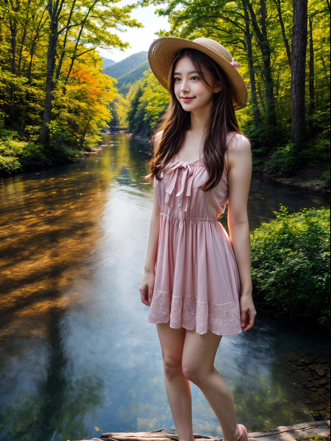 ((tmasterpiece:1.4, best qualtiy,Faraway view:1.4)), (ultra - detailed)+,(watercolor paiting:1.2),((Cute 1girl,Straw hat,blossoms,Light cyan hair,long whitr hair,Aqua blue eyes,Large breasts,Keep your mouth shut,Smiling,(Pink dress:1.3),Shoulders exposed,Bow knot,Side angle)),Autumn landscape,The leaves are yellow,maple trees,eventide,riverbank,lake reflection,The sky is full of color,Orange-red sunset,The afterglow diverges,Big Mountain,Far Mountain,contours,Scenic beauty,(Warm light source:1.2), (the woods,Bare branches:1.2)(Very detailed CG unification,8k wallpaper),(The best picture quality),(illustratio:1.0)、intricately details, Epic composition、Realistic lighting、high definition detail、(Beautiful wildlife and natural wonders,With glowing lights)