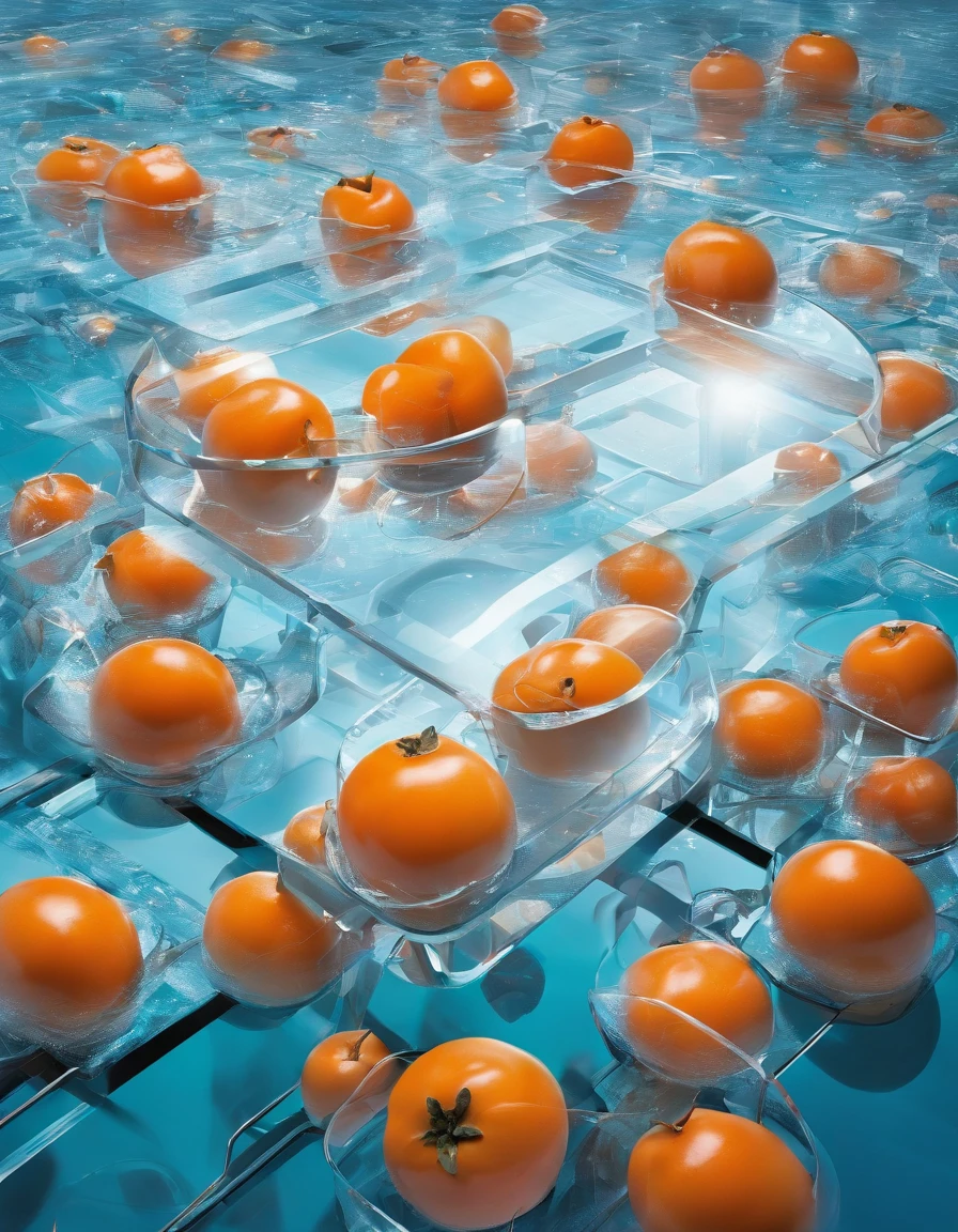 Glass-transparent persimmons float on the clear water, icecreen，Late autumn, Blue sky,