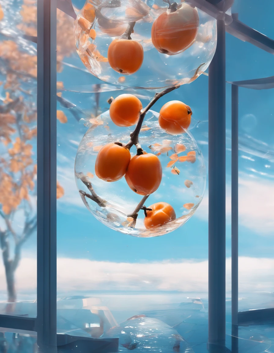 Glass-transparent persimmons float on the clear water, icecreen,Late autumn, Blue sky,