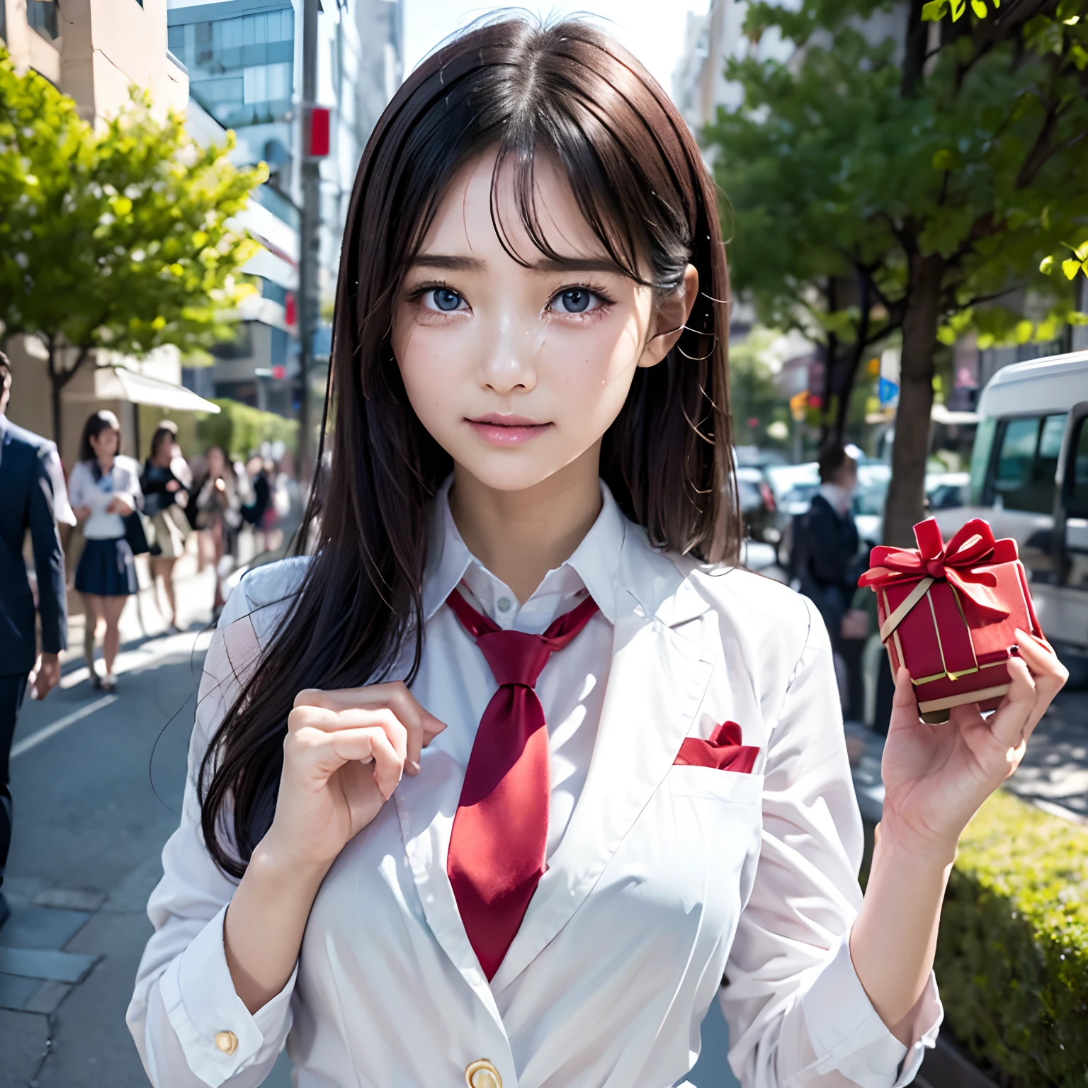 masutepiece, 8K, top-quality, masterpiece, 超A high resolution, (Photorealsitic:1.5), Perfect dynamic composition, Highly detailed skin and eye and face texture:1.3, 1girl in, cute sexy high schoolgirl, In the school, tilt the neck, ((I'm crying because I'm glad to see you:1.3)), Fair skin, (High school girl blazer uniform with red tie:1.3), (Beautiful blue eyes, Eyes that feel beautiful eros:1,2), ((I like you furiously:1.35, Holding the gift box in your hand:1.3)), (Sexy face:1.2, red blush:1.2), (A mouthfeel that feels beautiful eros:1.25, Duck mouth), (Open valley:1.1, Well-shaped big), (((Too erotic)))