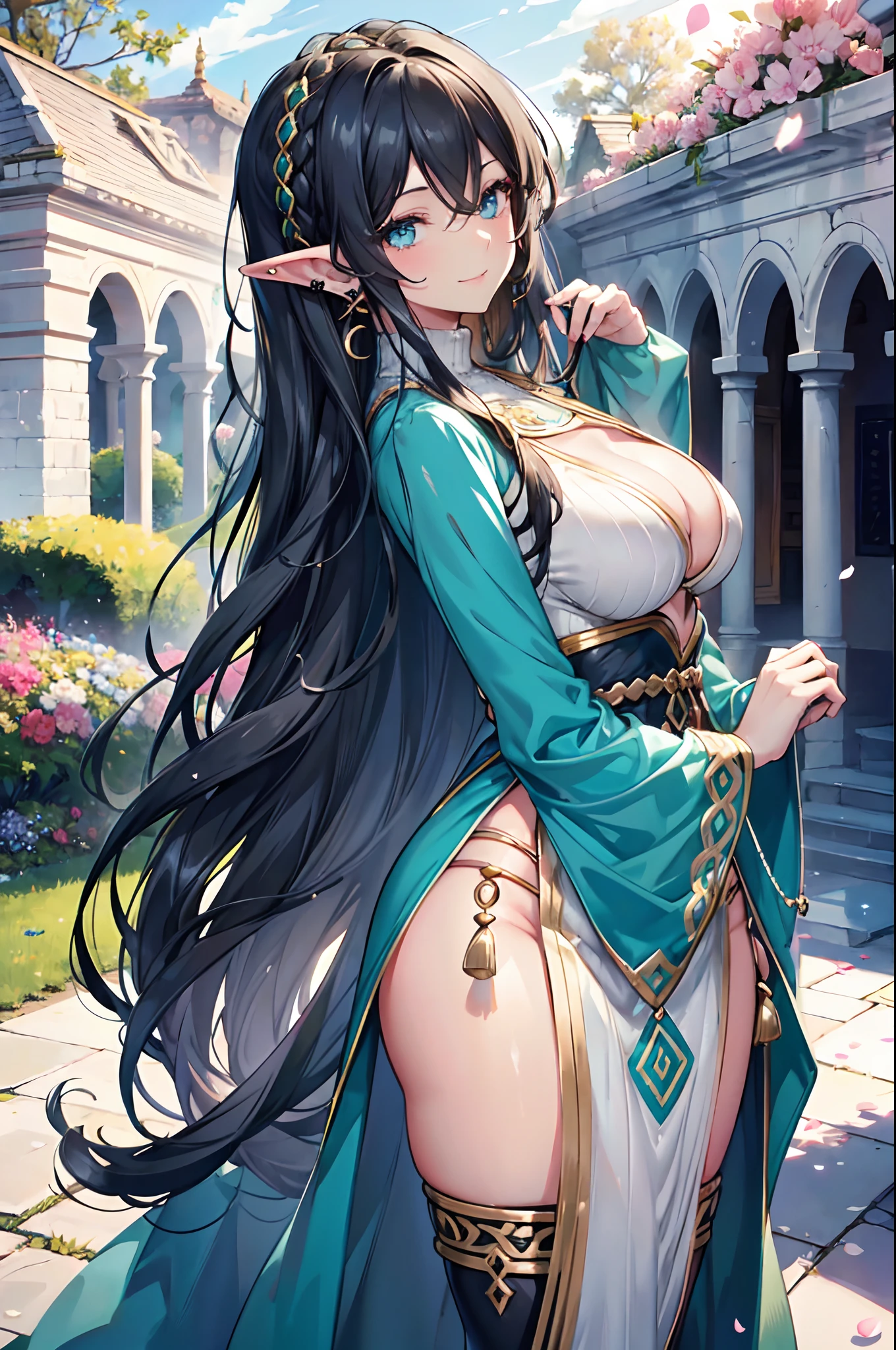 Realistic and detailed image of an elf dressed in a sweater without cleavage. She has long wavy black hair. Turquoise eyes. She has earrings, long eyelashes. She has large breasts, slim waist, wide hips and thick thighs. smiling, face of pleasure. Vagina view, arched back. There is a garden with flower petals falling around her.