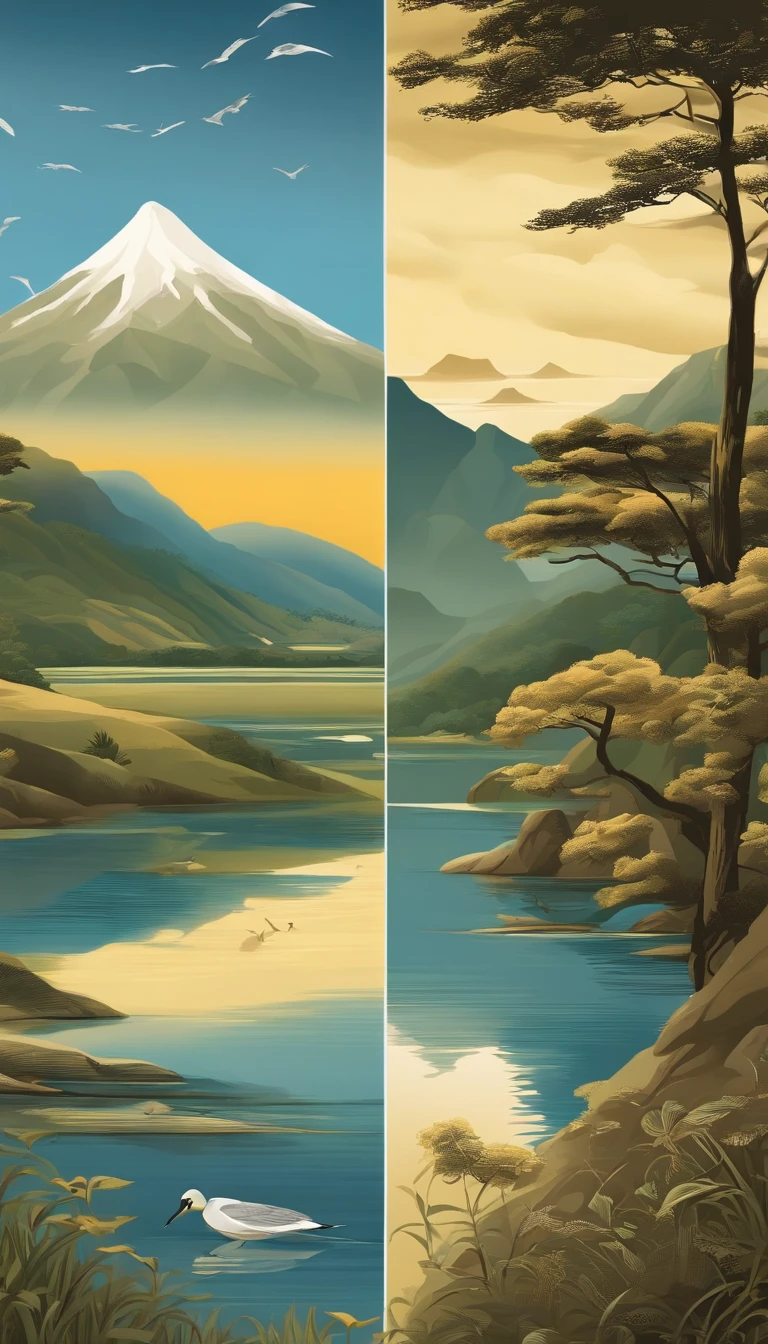 Mountain and Sea Skylark Scroll,There are mountains and waters in the picture,rios、grassy fields、Sun,Shirasawa、Many ancient mythical beasts such as the zodiac are haunted,Epic composition,shadowing,National style,Light yellow tone,Gold elements