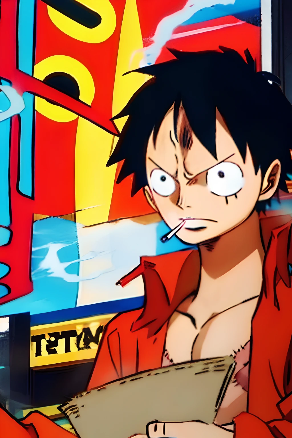 Serious Luffy smoking a marijuana cigarette, cyberpunk
