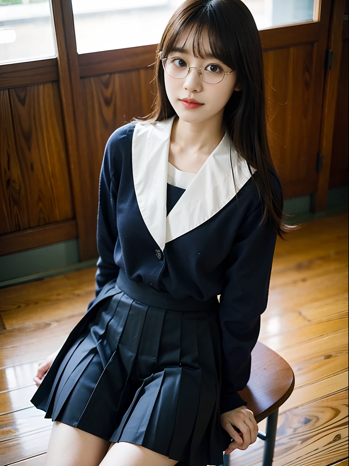 Woman in arafly clothes sitting on chair in school uniform, Korean Girl, jaeyeon nam, captured on canon eos r 6, Sailor Uniform, Cute Schoolgirl, a hyperrealistic schoolgirl, taken with canon 5d mk4, a hyperrealistic schoolgirl, girl wearing school uniform, wearing japanese school uniform, sakimichan, young 、eye glasses