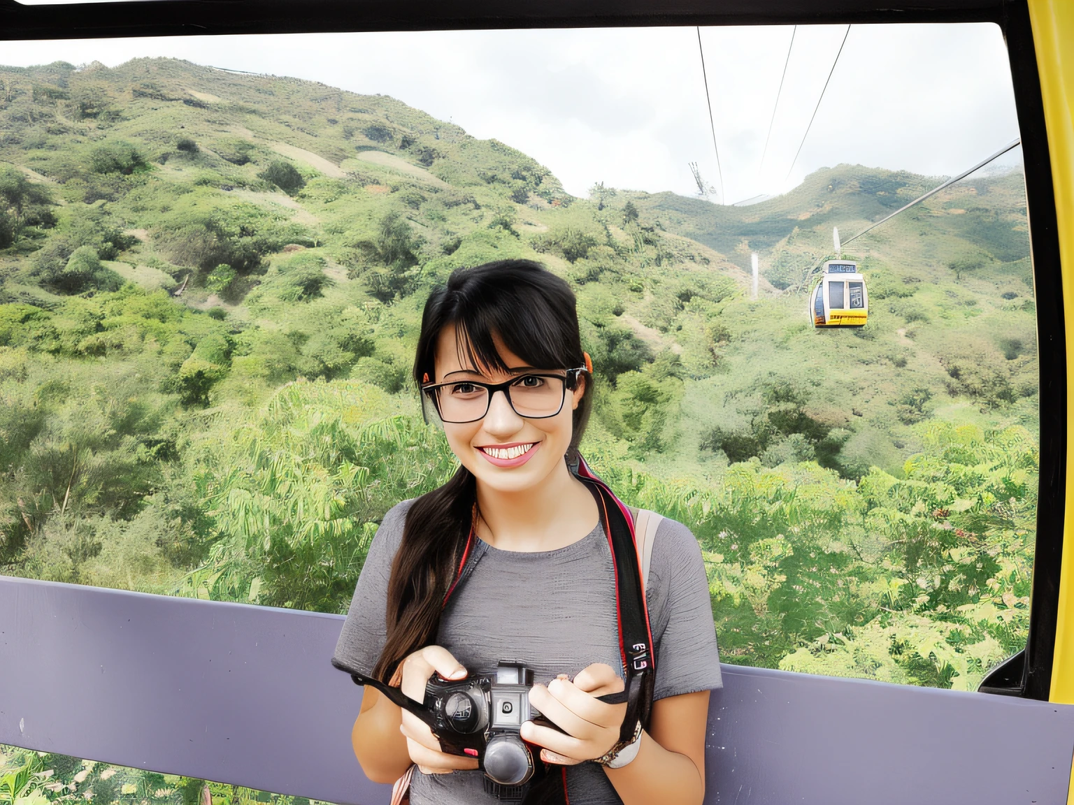 Arad woman holding a camera in front of a cable car, photo taken with canon 5d, With a happy expression, photograph taken in 2 0 2 0, looking at the camera in!!!, shot with premium dslr camera, shot on nikon d 3 2 0 0, smiling at camera, like jiufen, shot on nikon z9, 8k selfie photograph