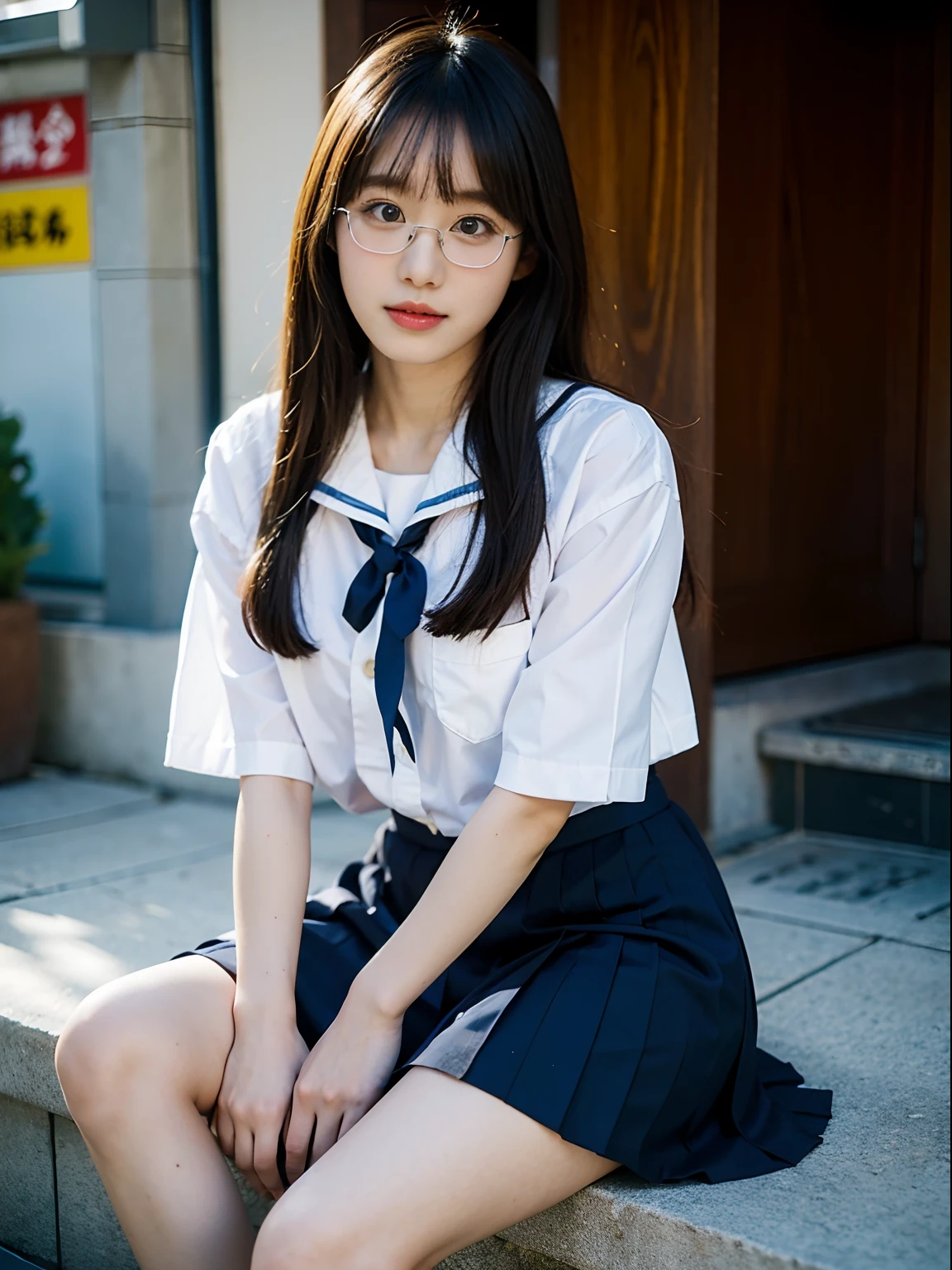 Woman in arafly clothes sitting on chair in school uniform, Korean Girl, jaeyeon nam, captured on canon eos r 6, Sailor Uniform, Cute Schoolgirl, a hyperrealistic schoolgirl, taken with canon 5d mk4, a hyperrealistic schoolgirl, girl wearing school uniform, wearing japanese school uniform, sakimichan, young 、eye glasses