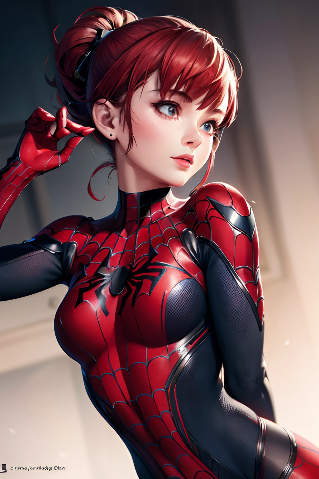 best quality,game cg,1girl, masterpiece, best quality, 8k, detailed skin texture, detailed cloth texture, beautiful detailed face, intricate details, ultra detailed, audrey hepburn, Spider-Man uniform, straight red hair, (Half body:1.2)
