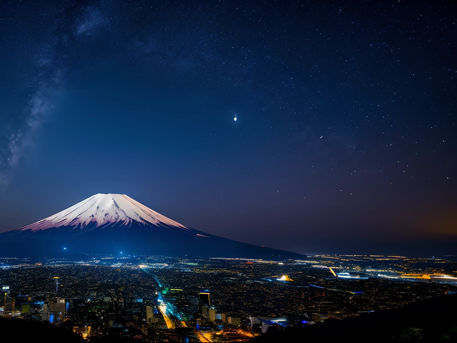 Night photography, Mount Fuji, Japan, view from, with an unusual sky view, a full moon and the milky way.